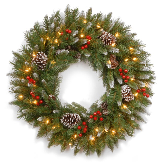 National Tree Company 24" Frosted Berry Wreath with Clear Lights