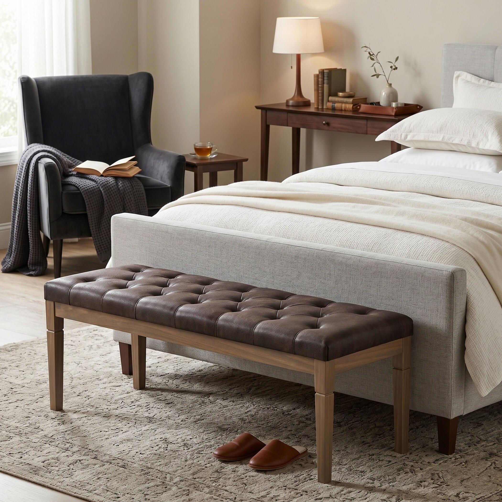 Simpli Home Waverly Waverly Tufted Ottoman Bench, Distressed Brown, large