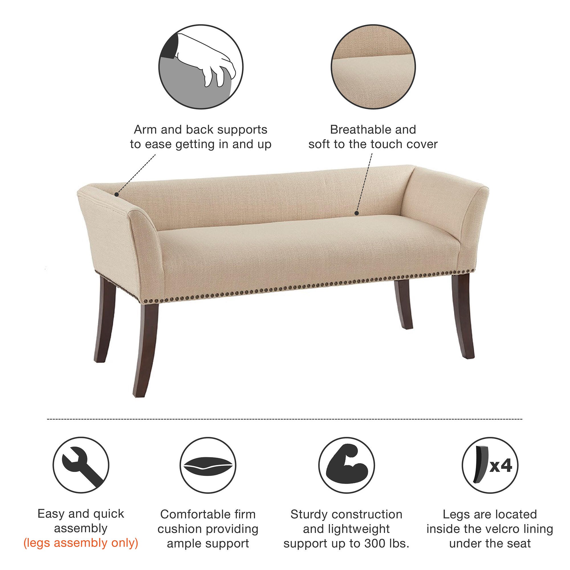 Madison Park Welburn Accent Bench, Cream, large