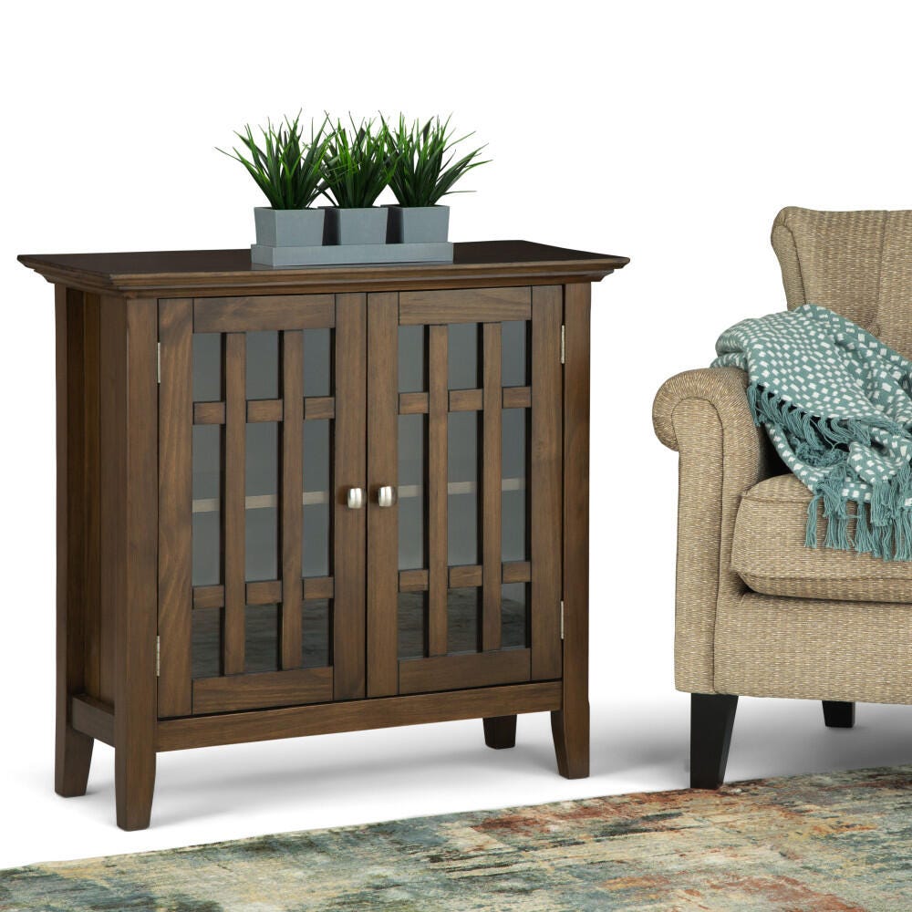 Simpli Home Bedford Low Storage Media Cabinet, Rustic Natural Aged Brown, rollover