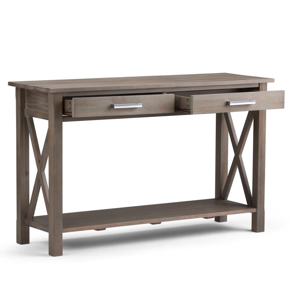 Simpli Home Kitchener Console Sofa Table, Distressed Gray, large