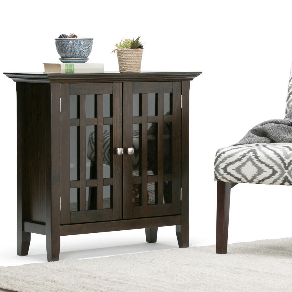 Simpli Home Bedford Low Storage Media Cabinet, Dark Tobacco Brown, large