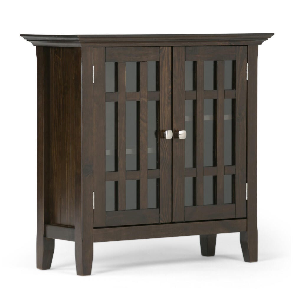 Simpli Home Bedford Low Storage Media Cabinet, Dark Tobacco Brown, large
