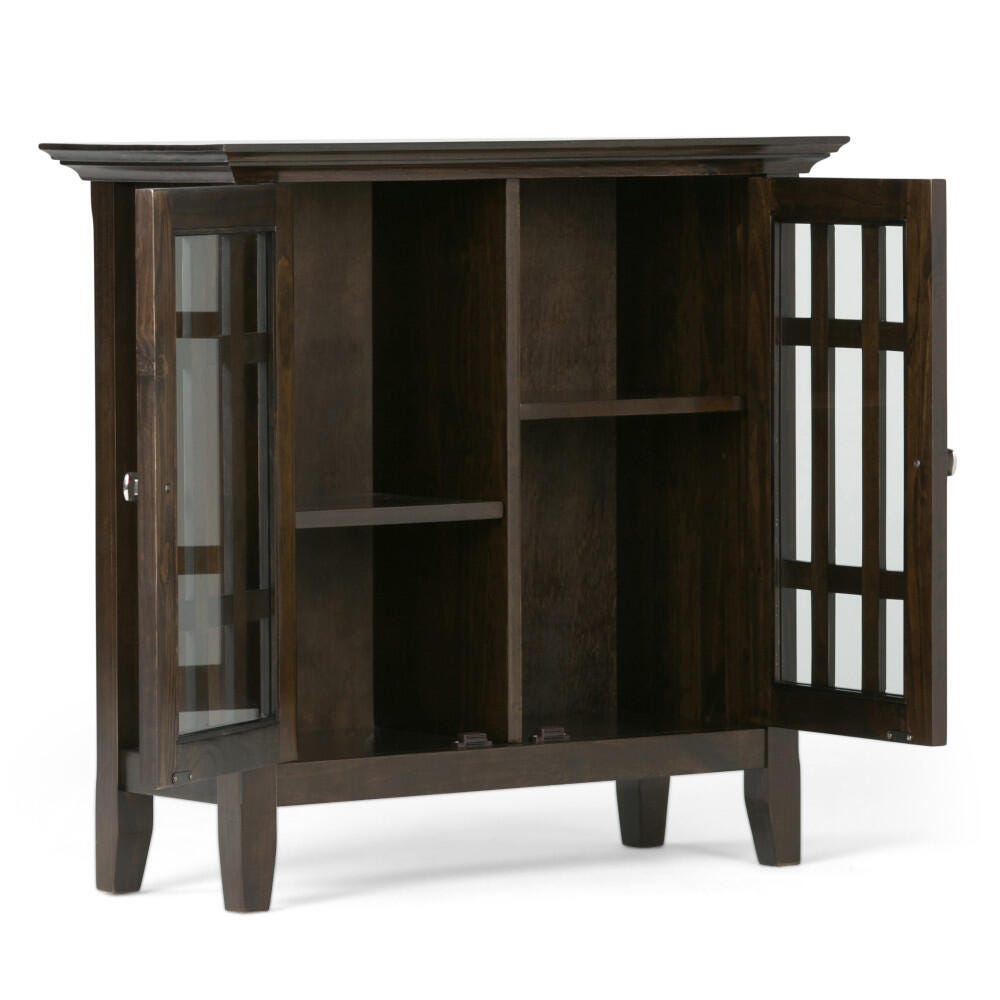 Simpli Home Bedford Low Storage Media Cabinet, Dark Tobacco Brown, large