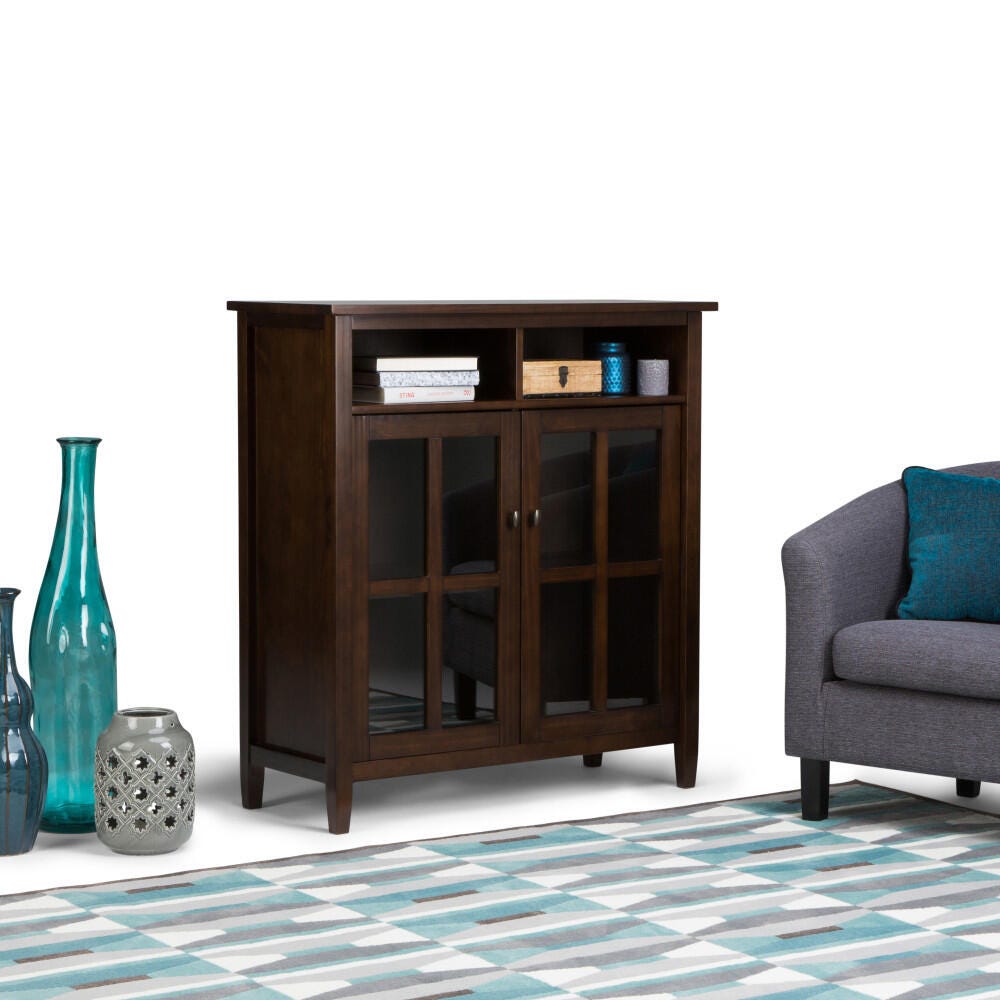 Simpli Home Warm Shaker Medium Storage Media Cabinet, Tobacco Brown, rollover