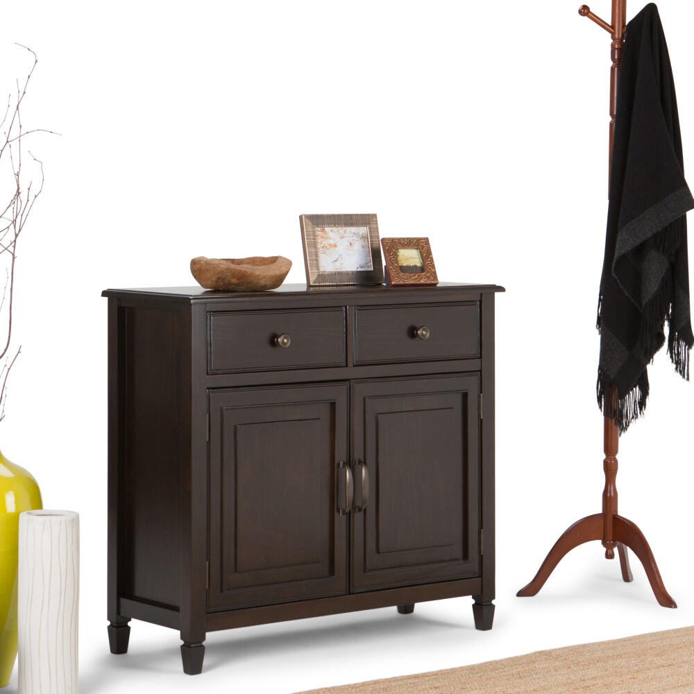 Simpli Home Connaught Entryway Storage Cabinet, Dark Chestnut Brown, rollover