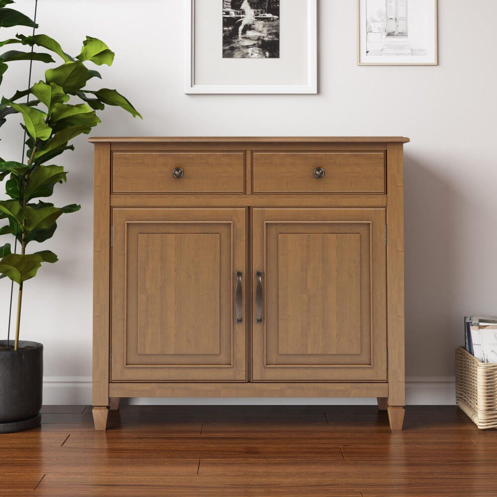 Simpli Home Connaught Entryway Storage Cabinet, Light Golden Brown, rollover
