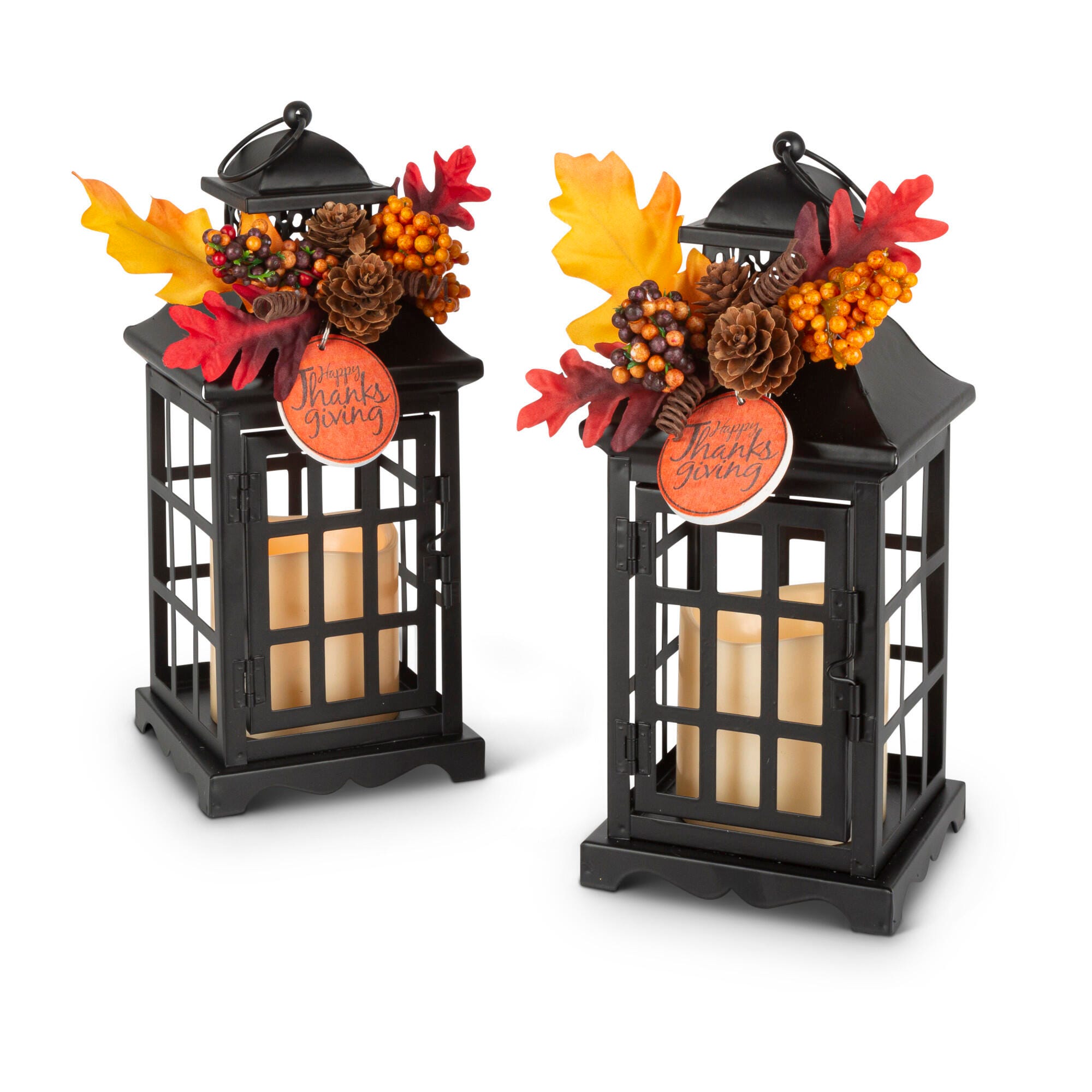 Black Metal Lanterns With Led Candles (set Of 2), , large