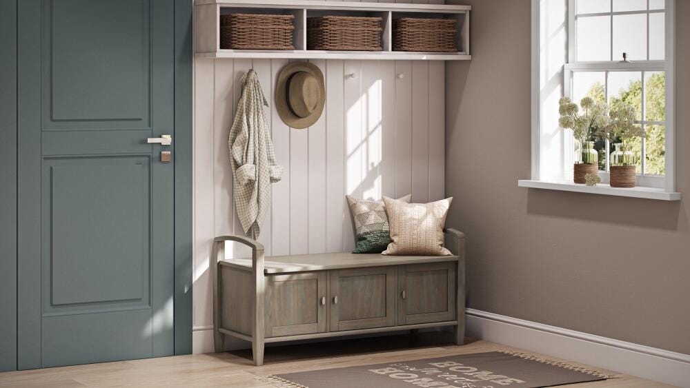 Simpli Home Warm Shaker Entryway Storage Bench, Distressed Gray, large