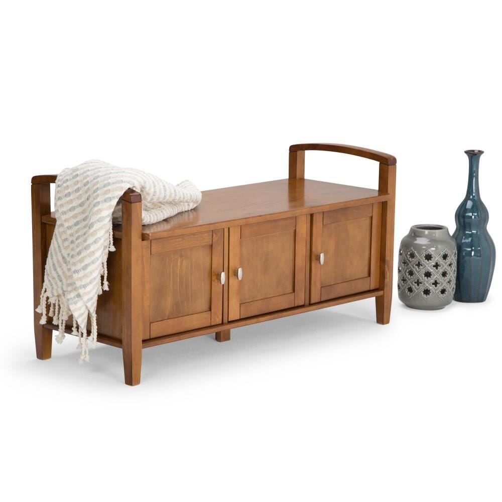 Simpli Home Warm Shaker Entryway Storage Bench, Light Golden Brown, rollover