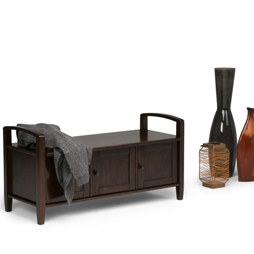 Simpli Home Warm Shaker Entryway Storage Bench, Tobacco Brown, rollover