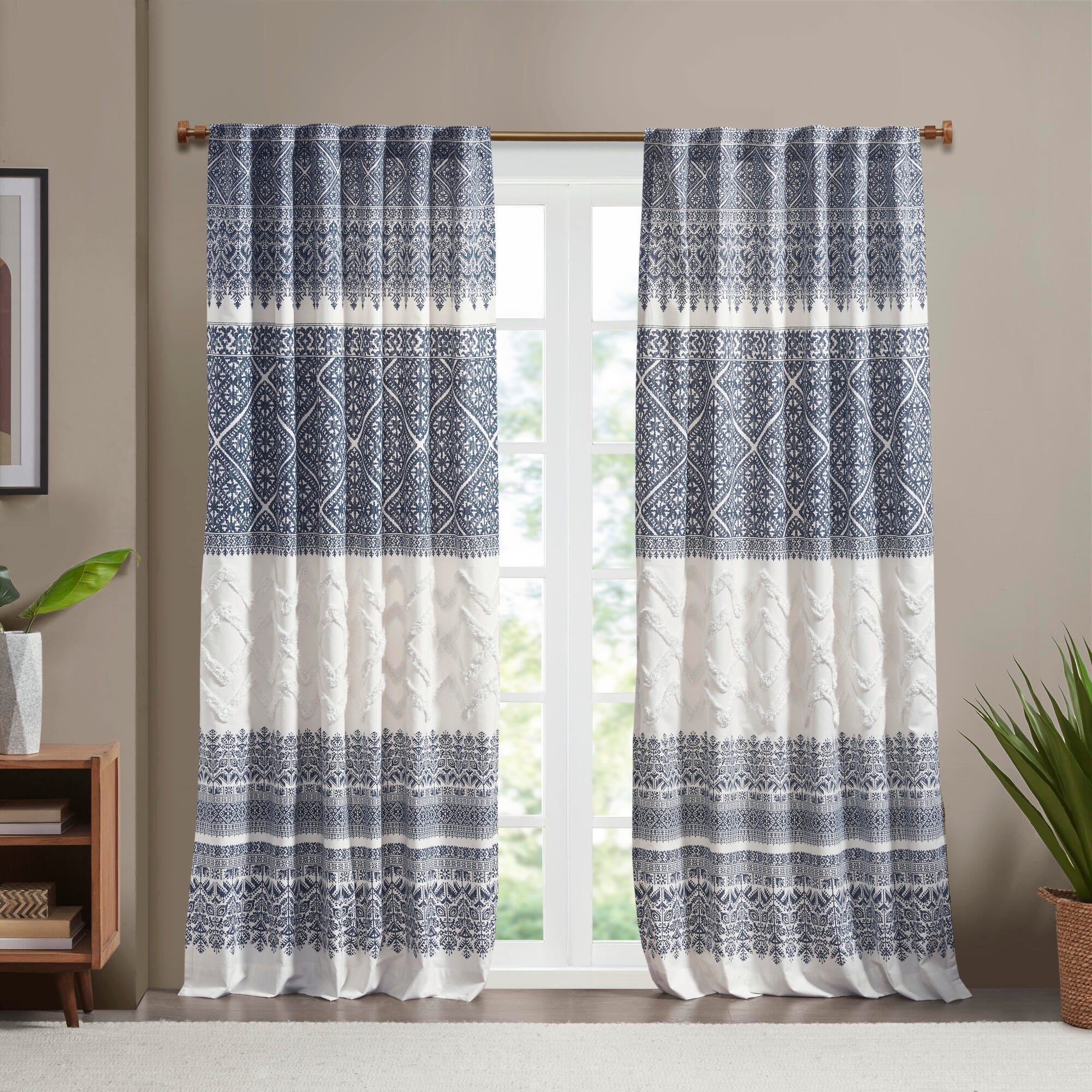 INK+IVY Mila Chenille Detail Cotton Printed Window Panel, Navy, rollover