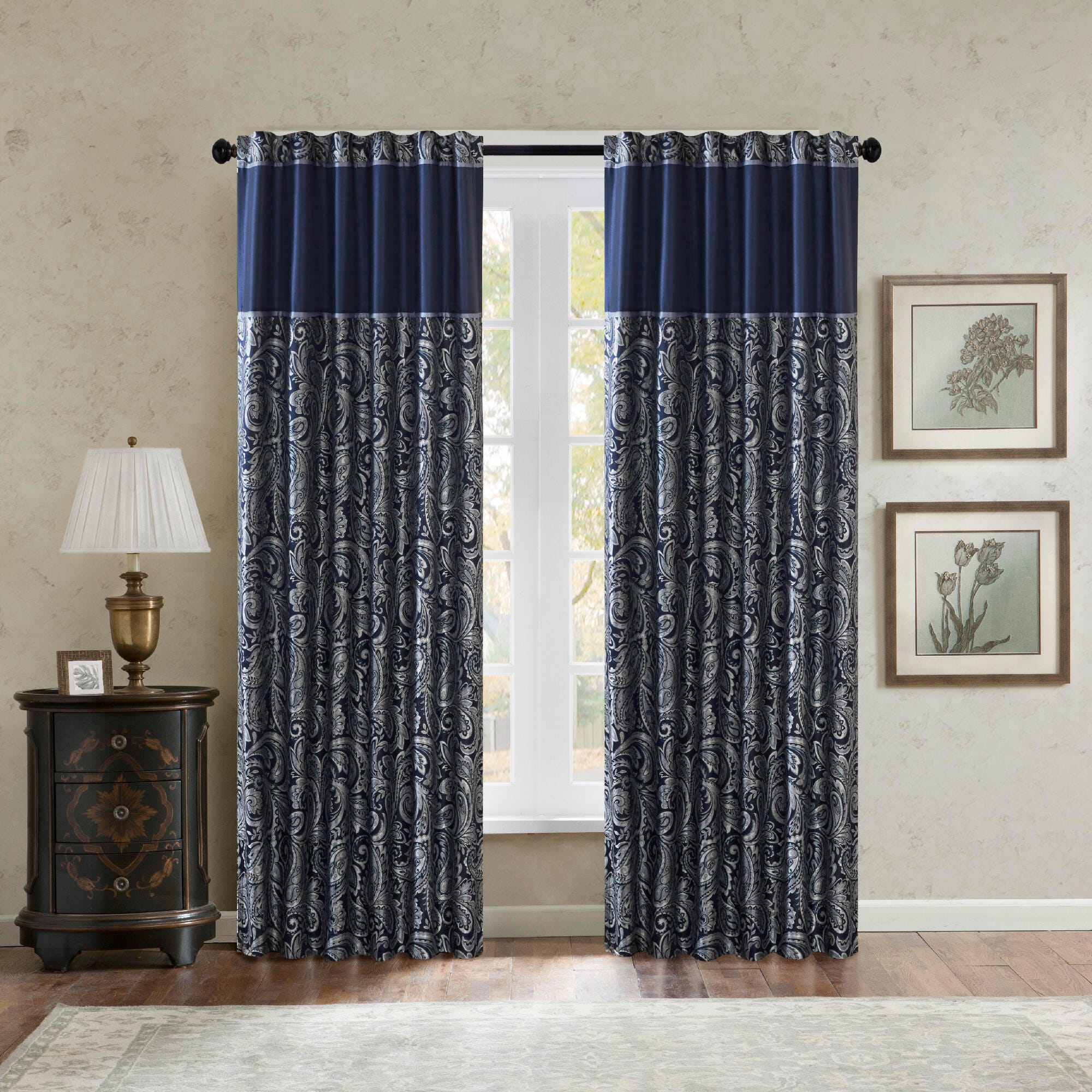 Madison Park Aubrey Jacquard Window Curtain Pair, Navy, large