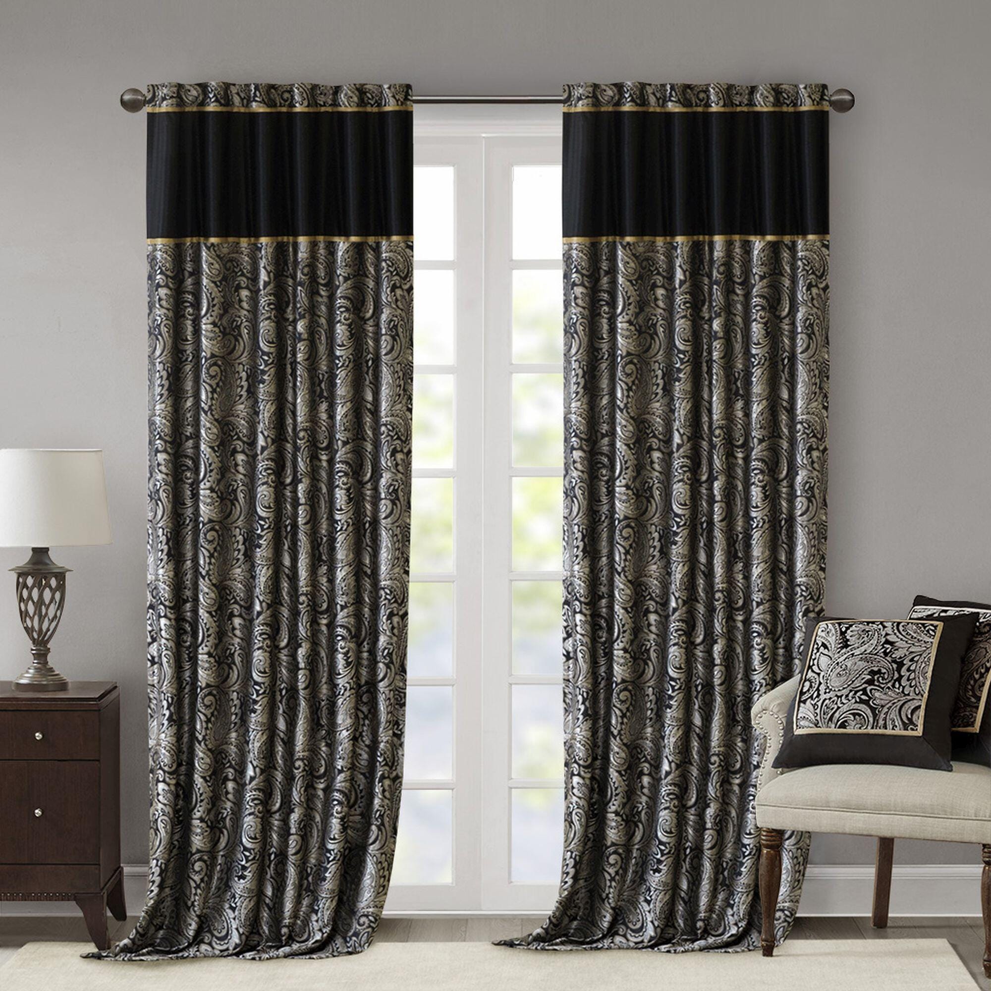 Madison Park Aubrey Jacquard Window Curtain Pair, Black, large