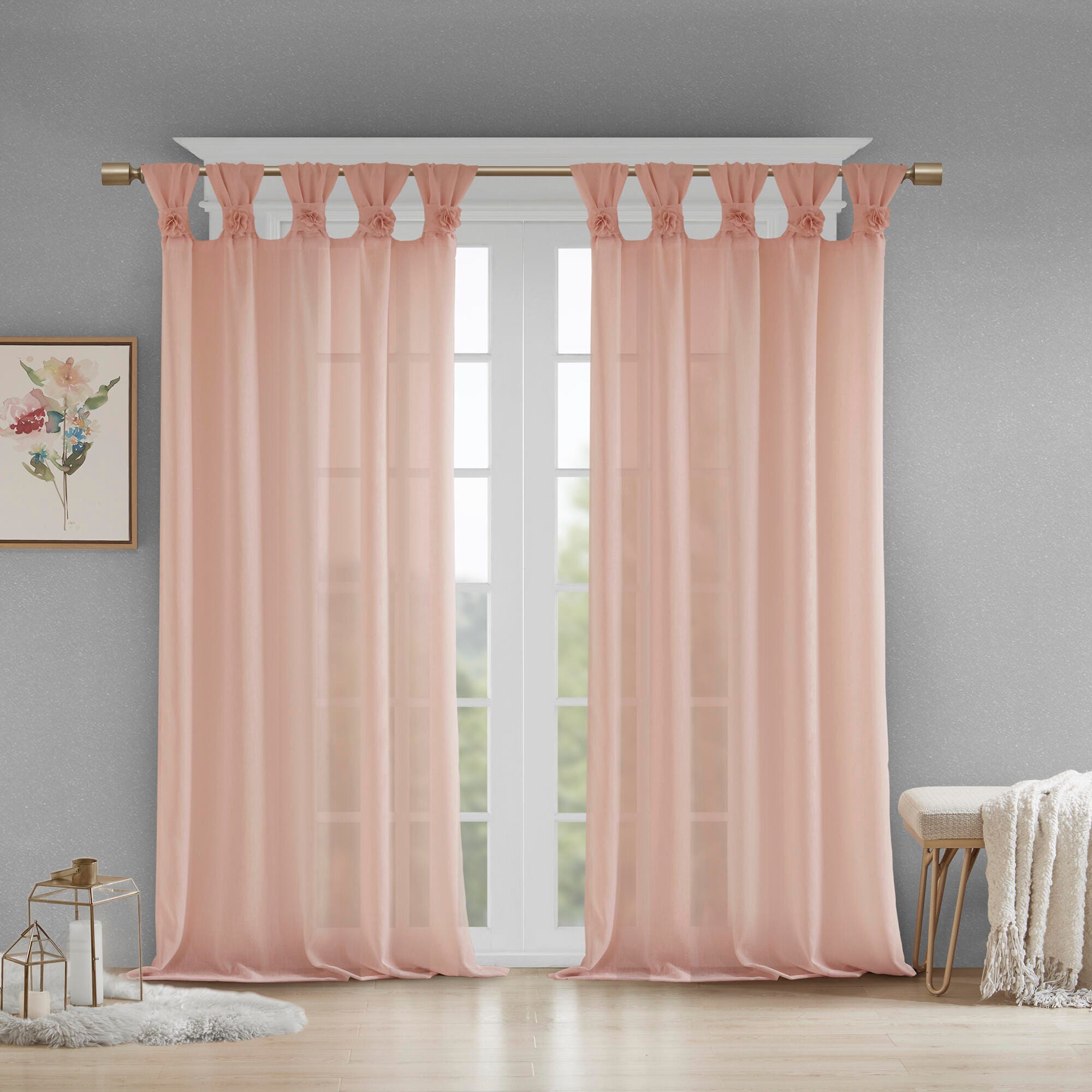 Madison Park Rosette Floral Embellished Cuff Tab Top Solid Window Panel, Blush, large