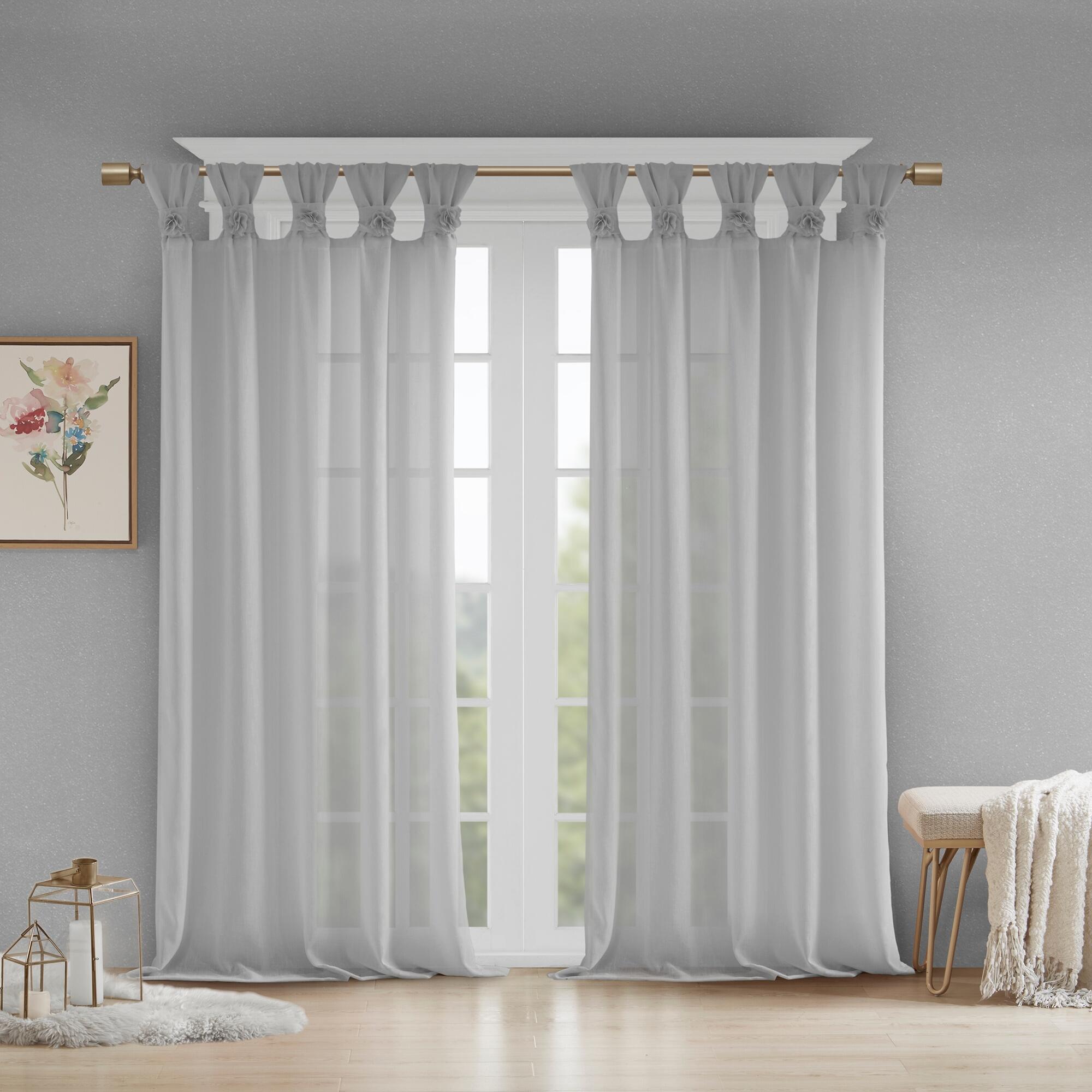 Madison Park Rosette Floral Embellished Cuff Tab Top Solid Window Panel, Gray, large
