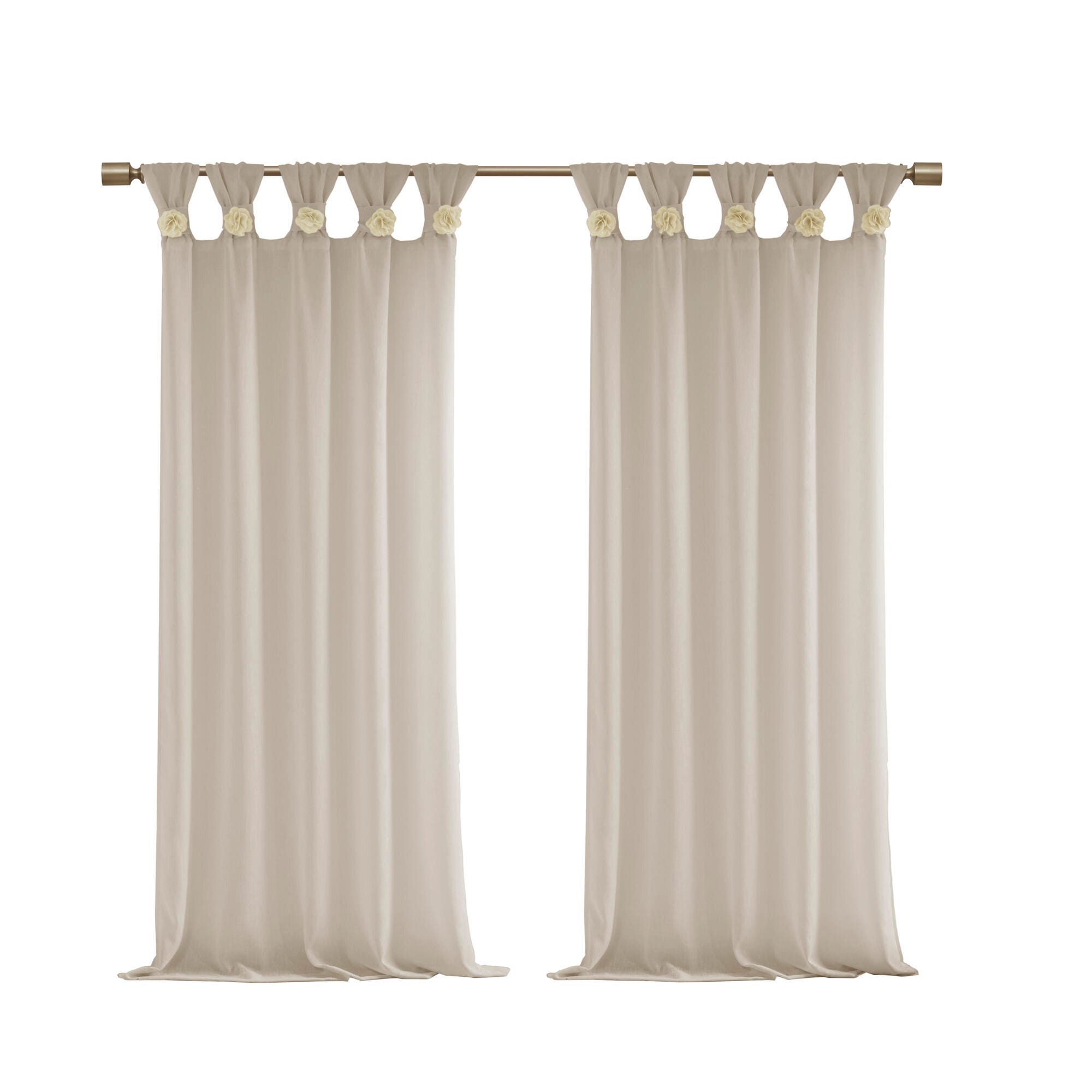 Madison Park Rosette Floral Embellished Cuff Tab Top Solid Window Panel, Linen, large