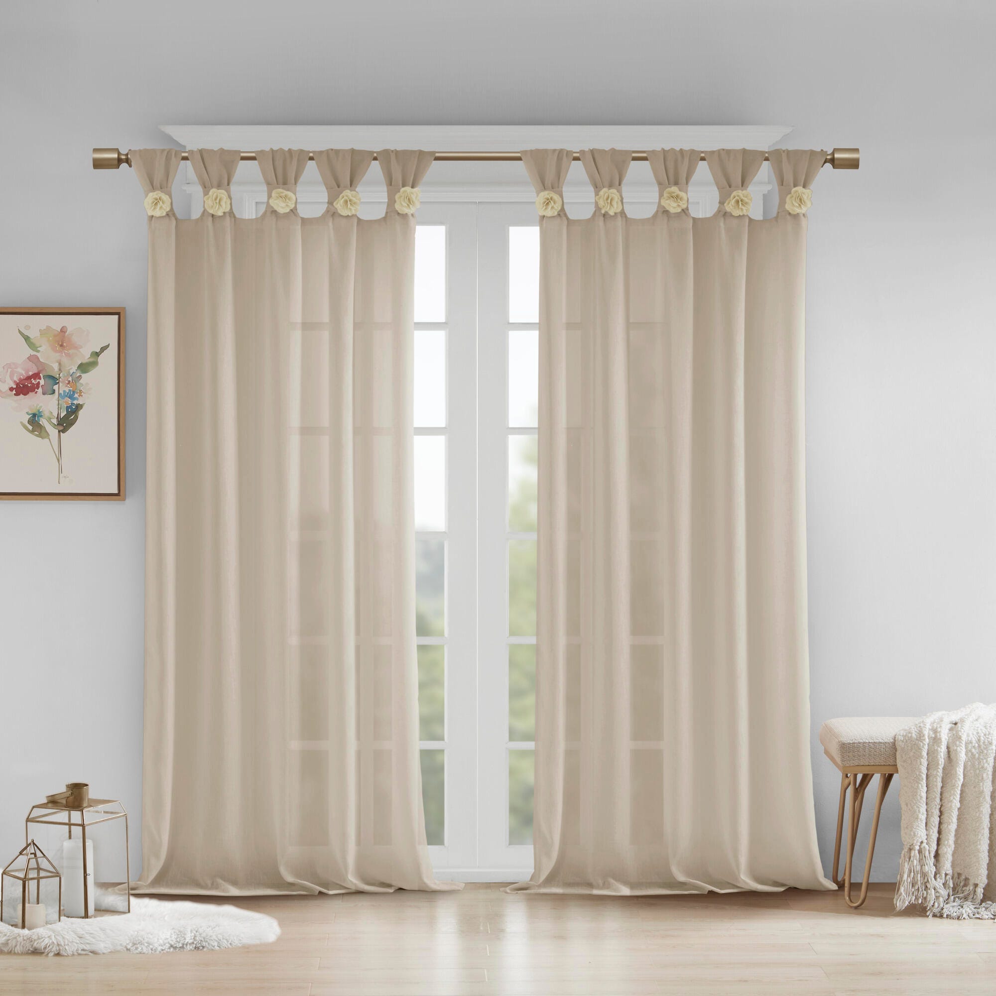 Madison Park Rosette Floral Embellished Cuff Tab Top Solid Window Panel, Linen, large