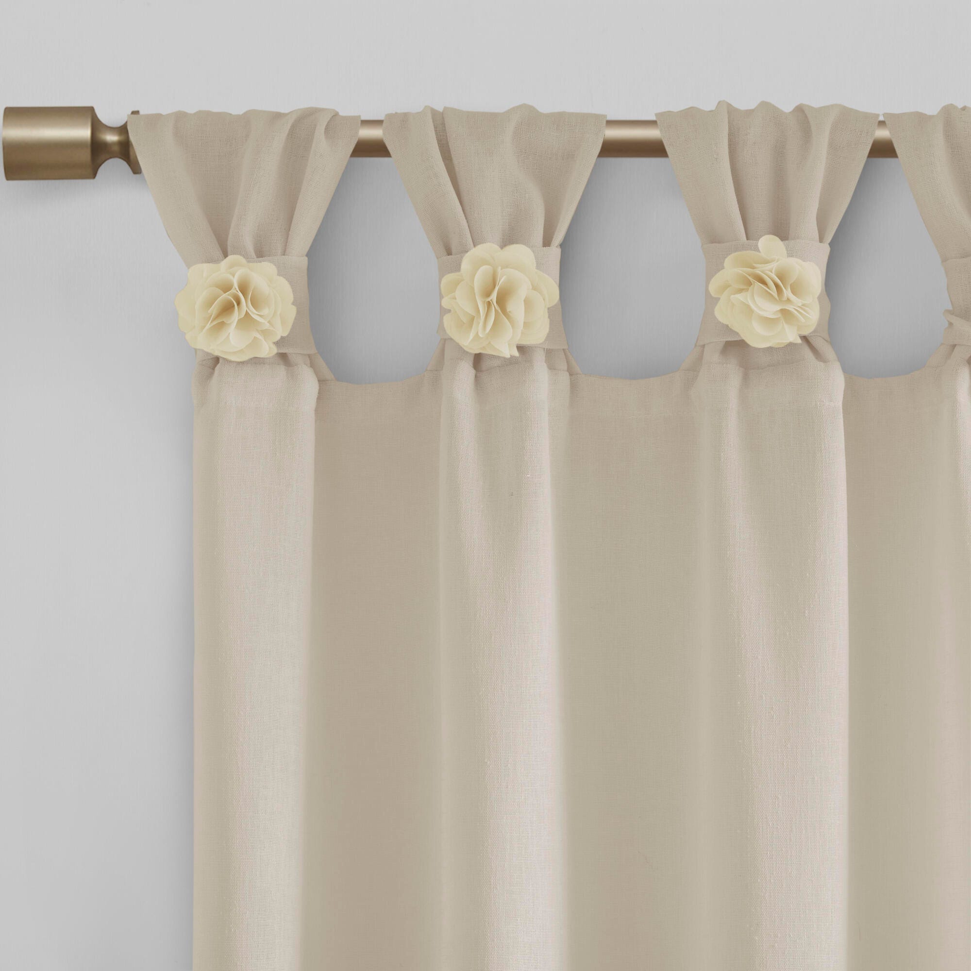 Madison Park Rosette Rosette Floral Embellished Cuff Tab Top Solid Window Panel, Linen, large