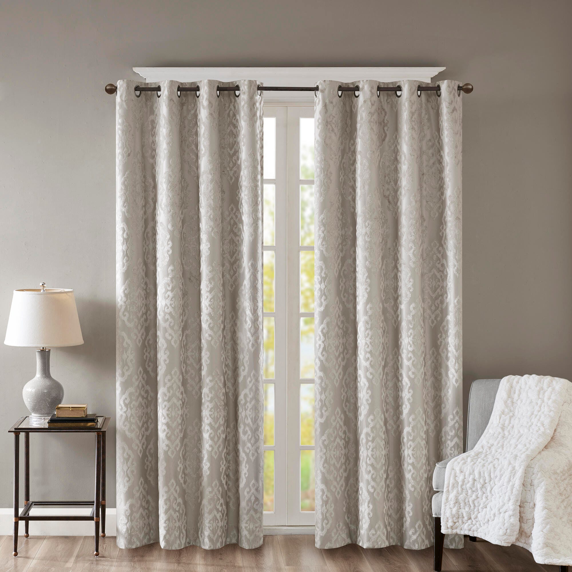 SunSmart Mirage Knitted Jacquard Damask Total Blackout Curtain Panel, Gray, large