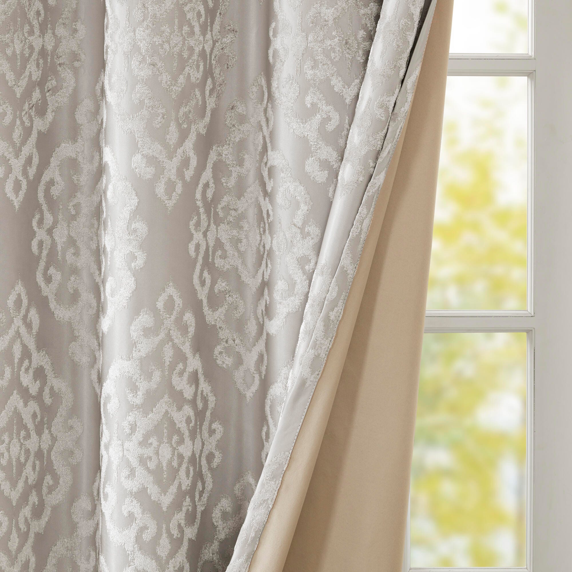 SunSmart Mirage Knitted Jacquard Damask Total Blackout Curtain Panel, Gray, large
