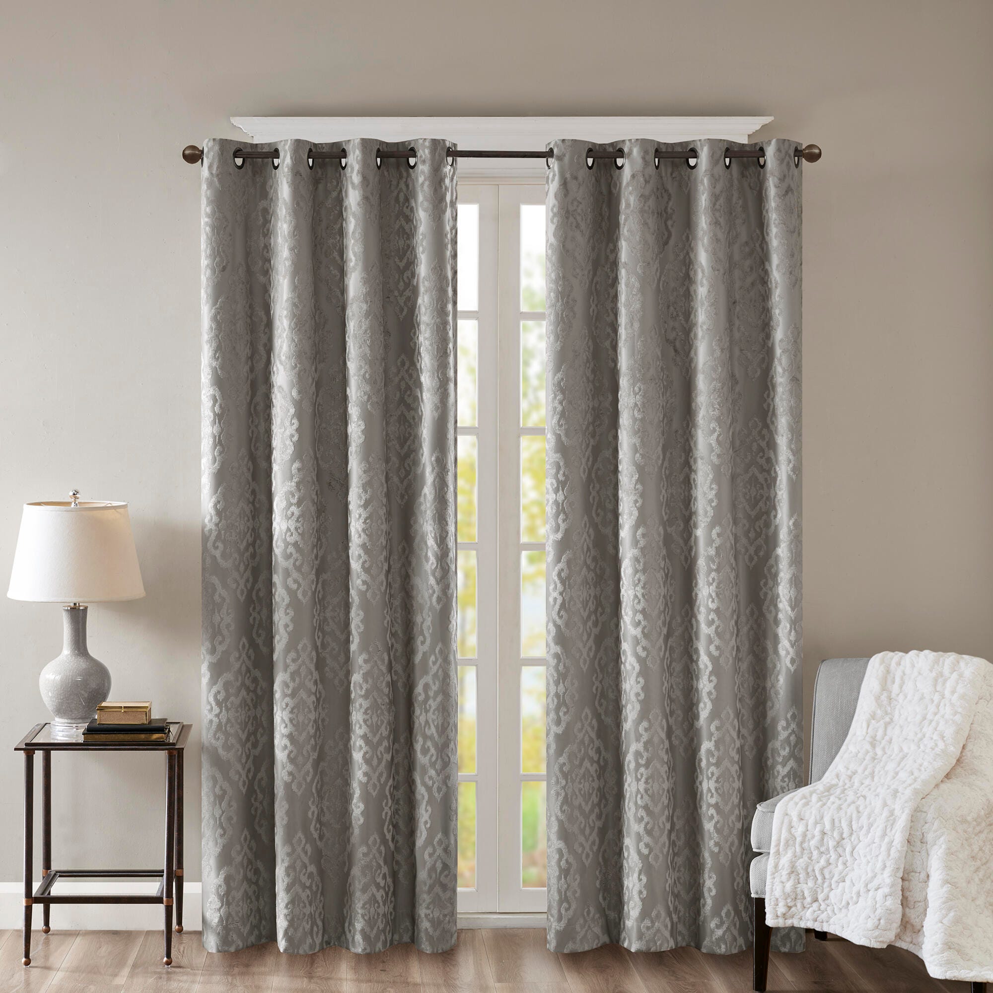 SunSmart Mirage Knitted Jacquard Damask Total Blackout Curtain Panel, Charcoal, large
