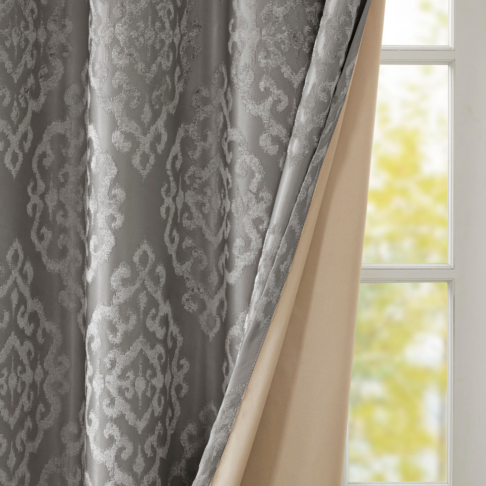 SunSmart Mirage Knitted Jacquard Damask Total Blackout Curtain Panel, Charcoal, large