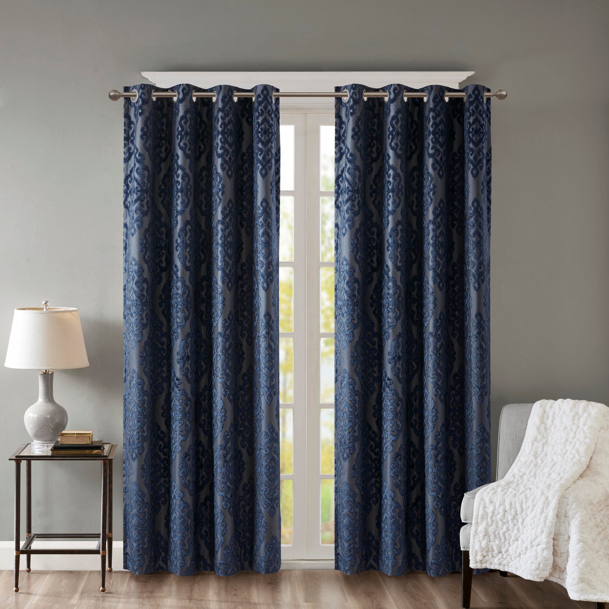 SunSmart Mirage Knitted Jacquard Damask Total Blackout Curtain Panel, Navy, large