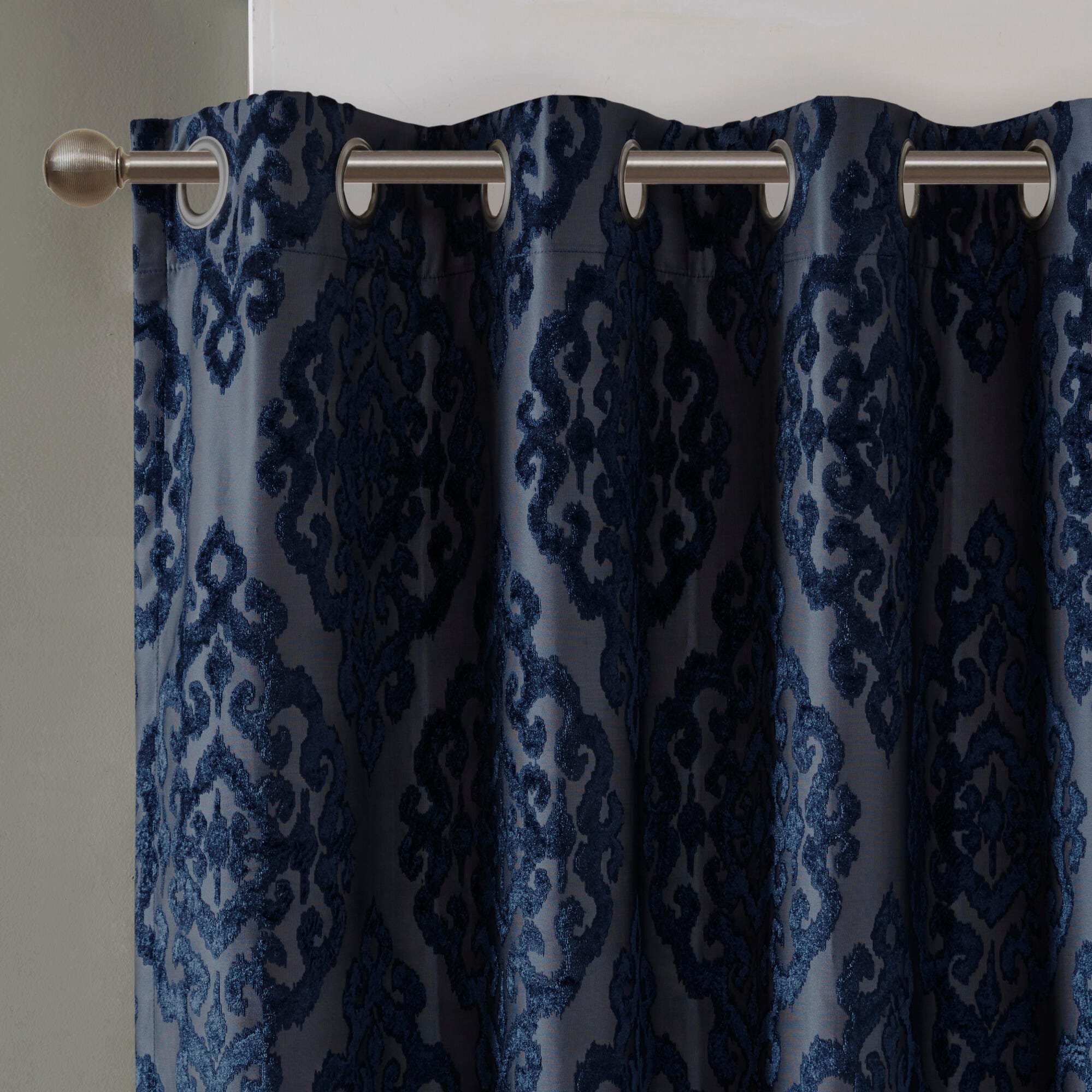 SunSmart Mirage Knitted Jacquard Damask Total Blackout Curtain Panel, Navy, large