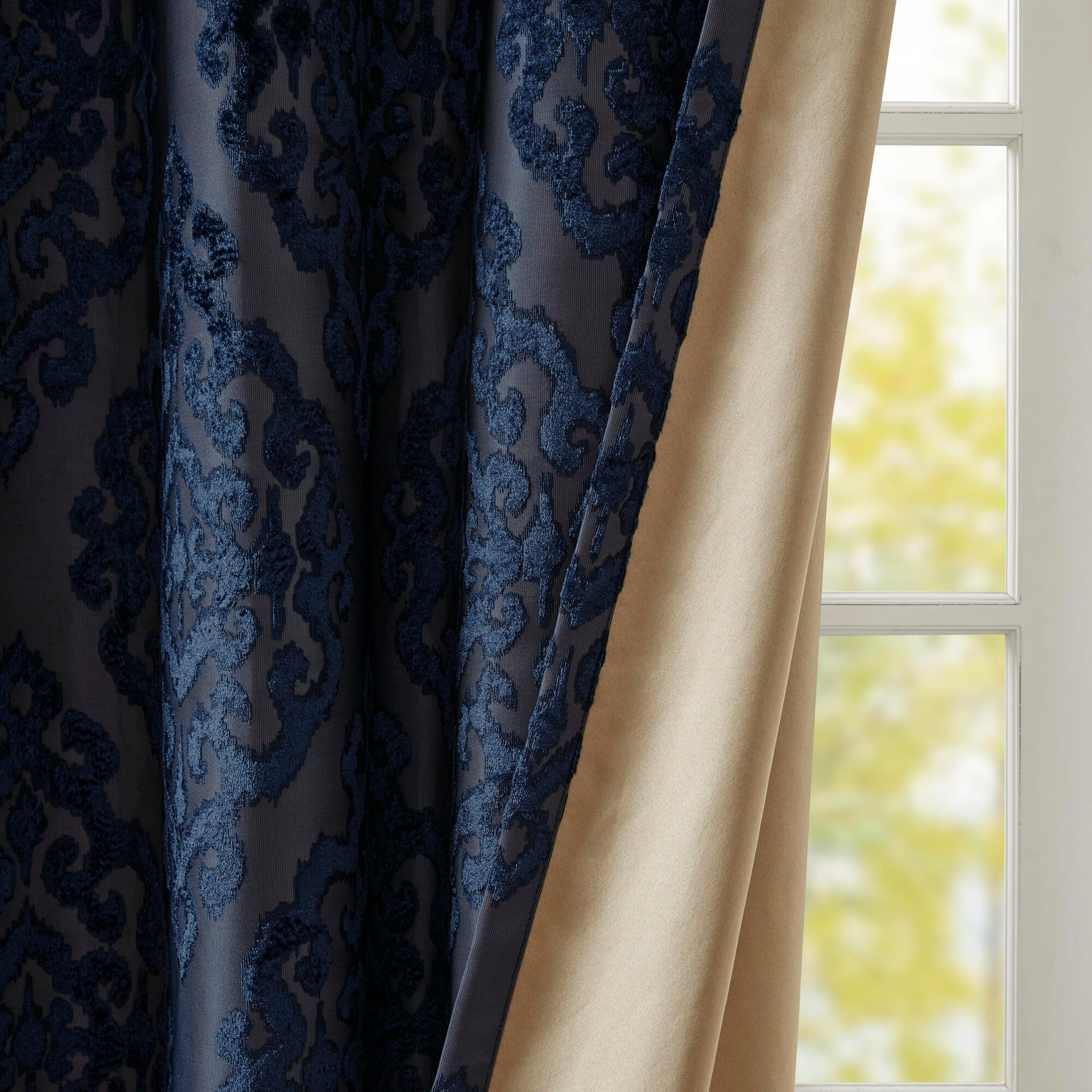 SunSmart Mirage Knitted Jacquard Damask Total Blackout Curtain Panel, Navy, large