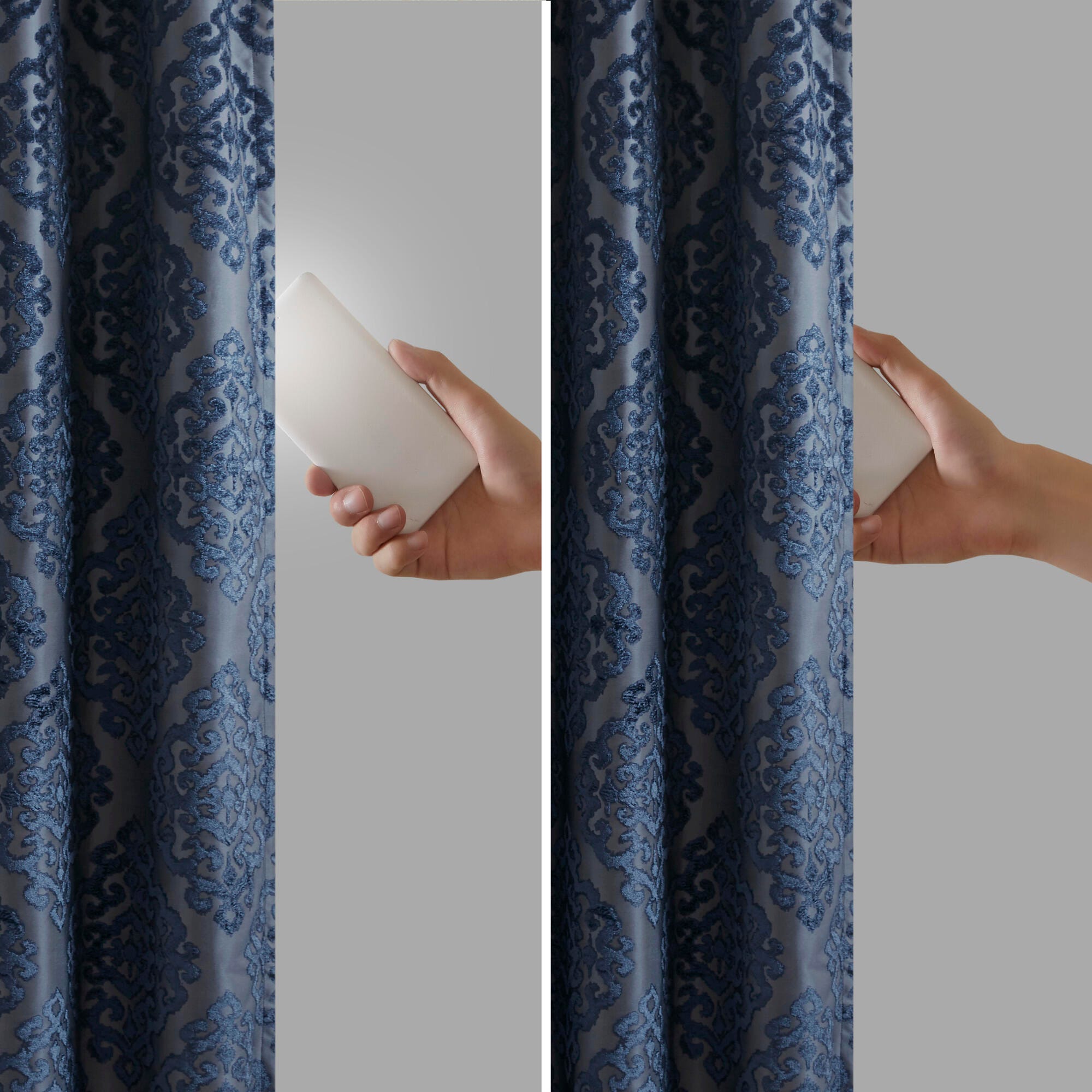 SunSmart Mirage Knitted Jacquard Damask Total Blackout Curtain Panel, Navy, large