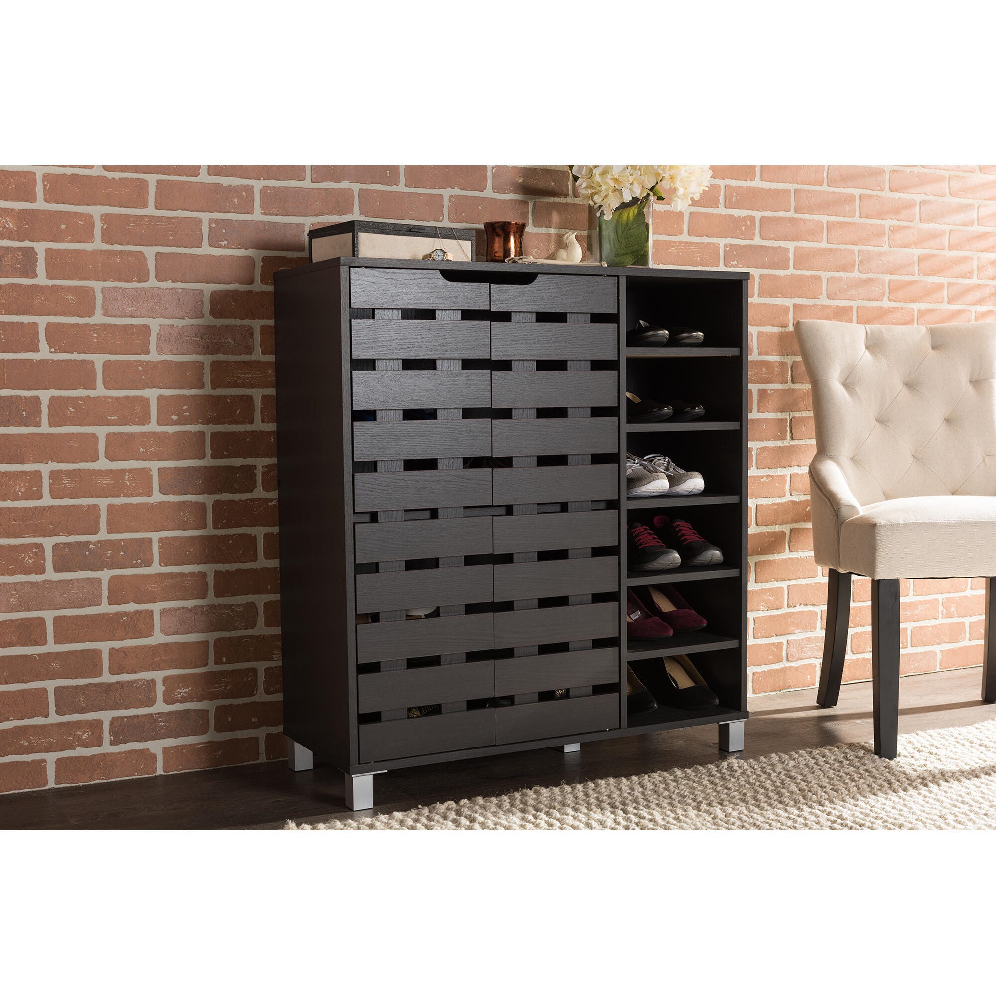 Baxton Studio Shirley 2-Door Shoe Cabinet with Open Shelves, Dark Brown, large