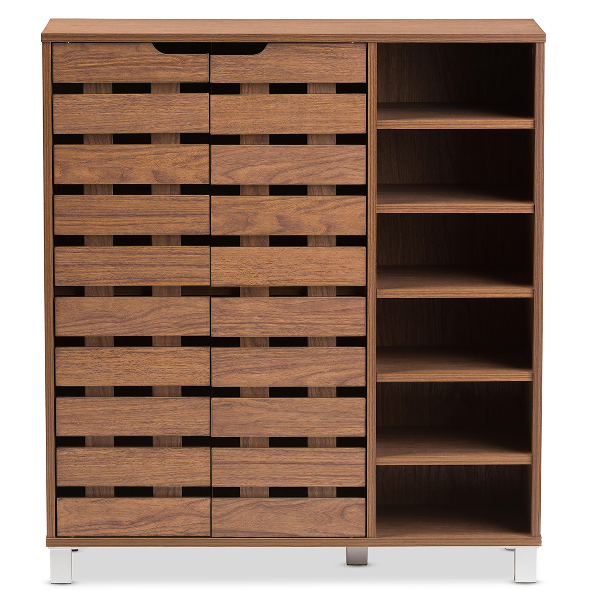 Baxton Studio Shirley 2-Door Shoe Cabinet with Open Shelves, Walnut Brown, large
