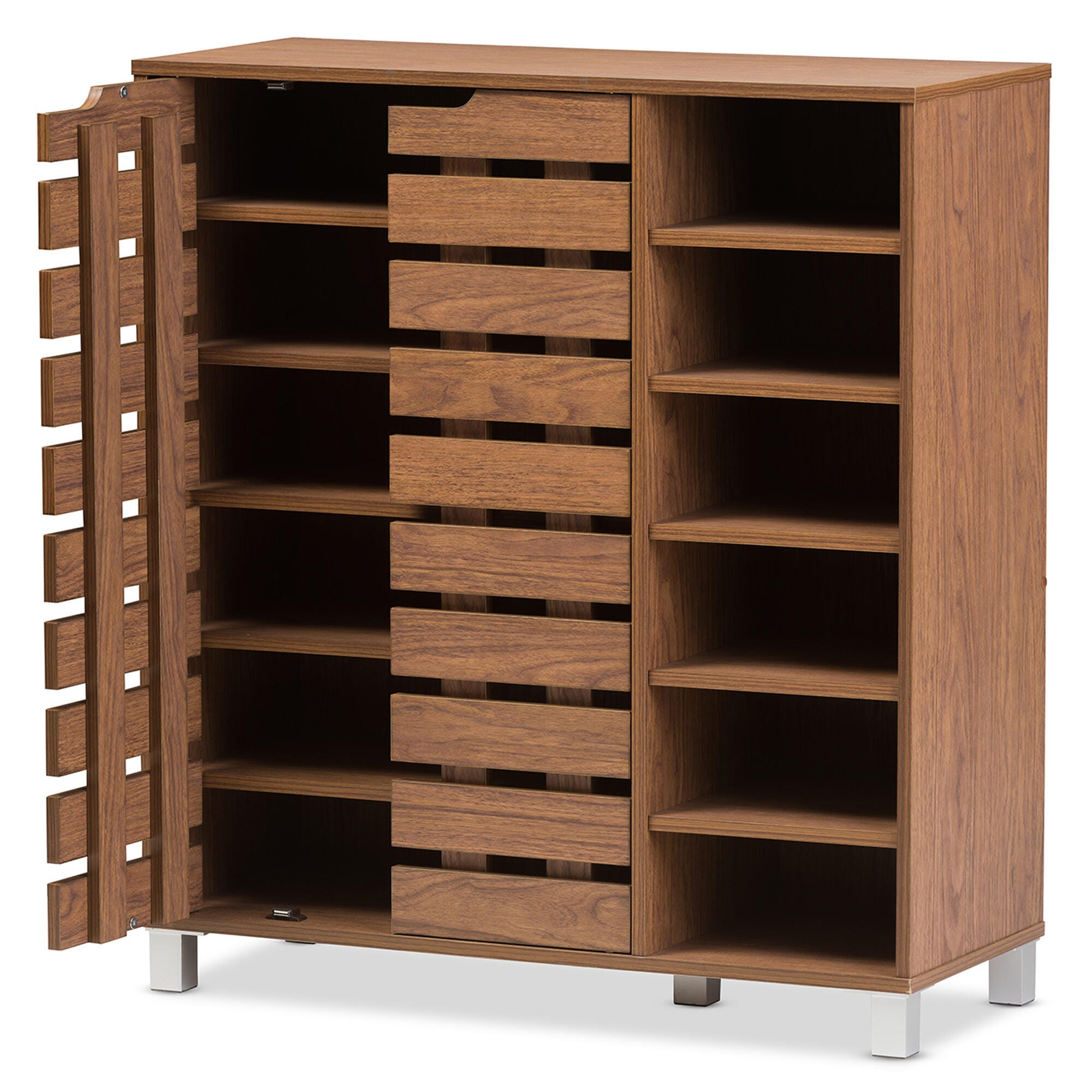 Baxton Studio Shirley 2-Door Shoe Cabinet with Open Shelves, Walnut Brown, large
