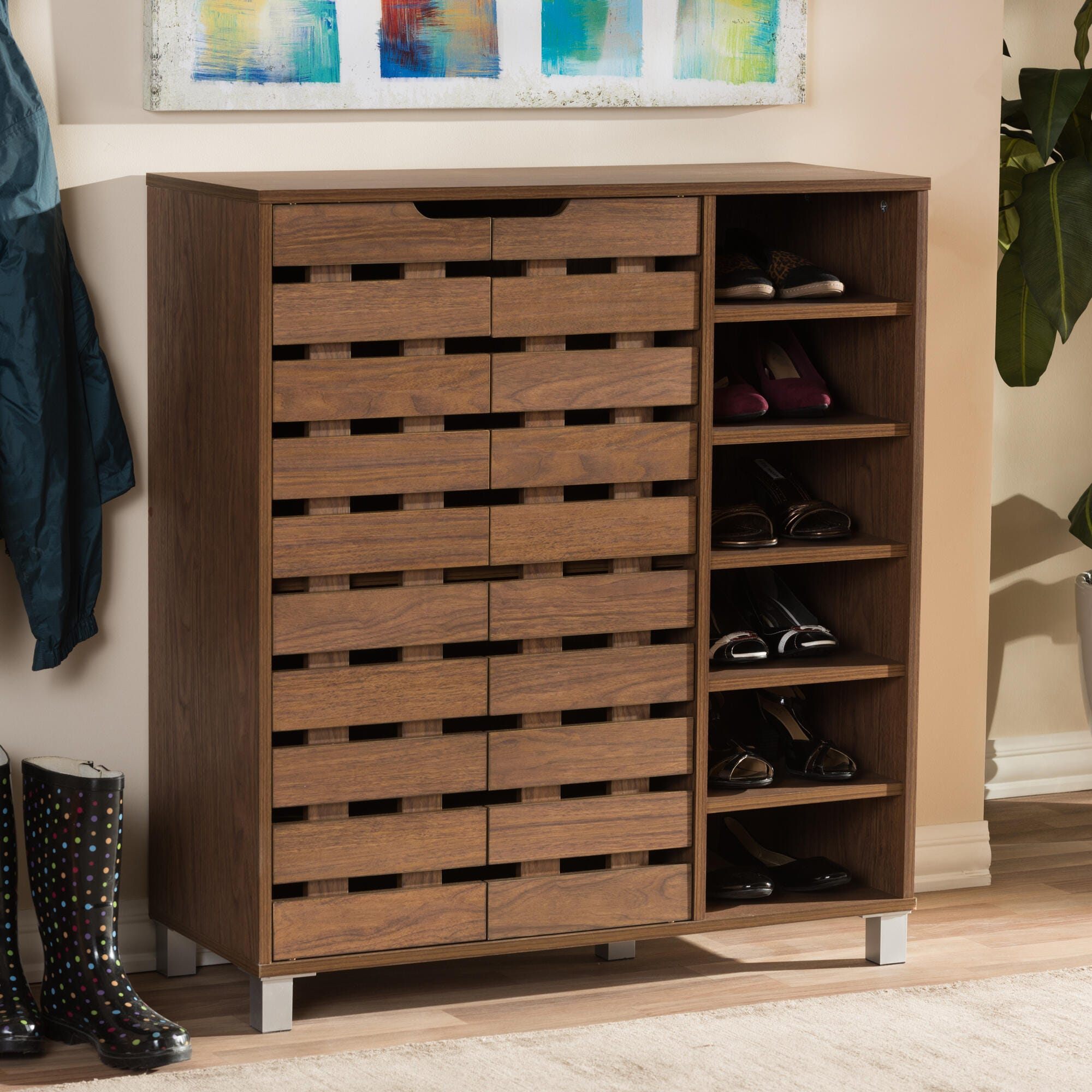 Baxton Studio Shirley 2-Door Shoe Cabinet with Open Shelves, Walnut Brown, large