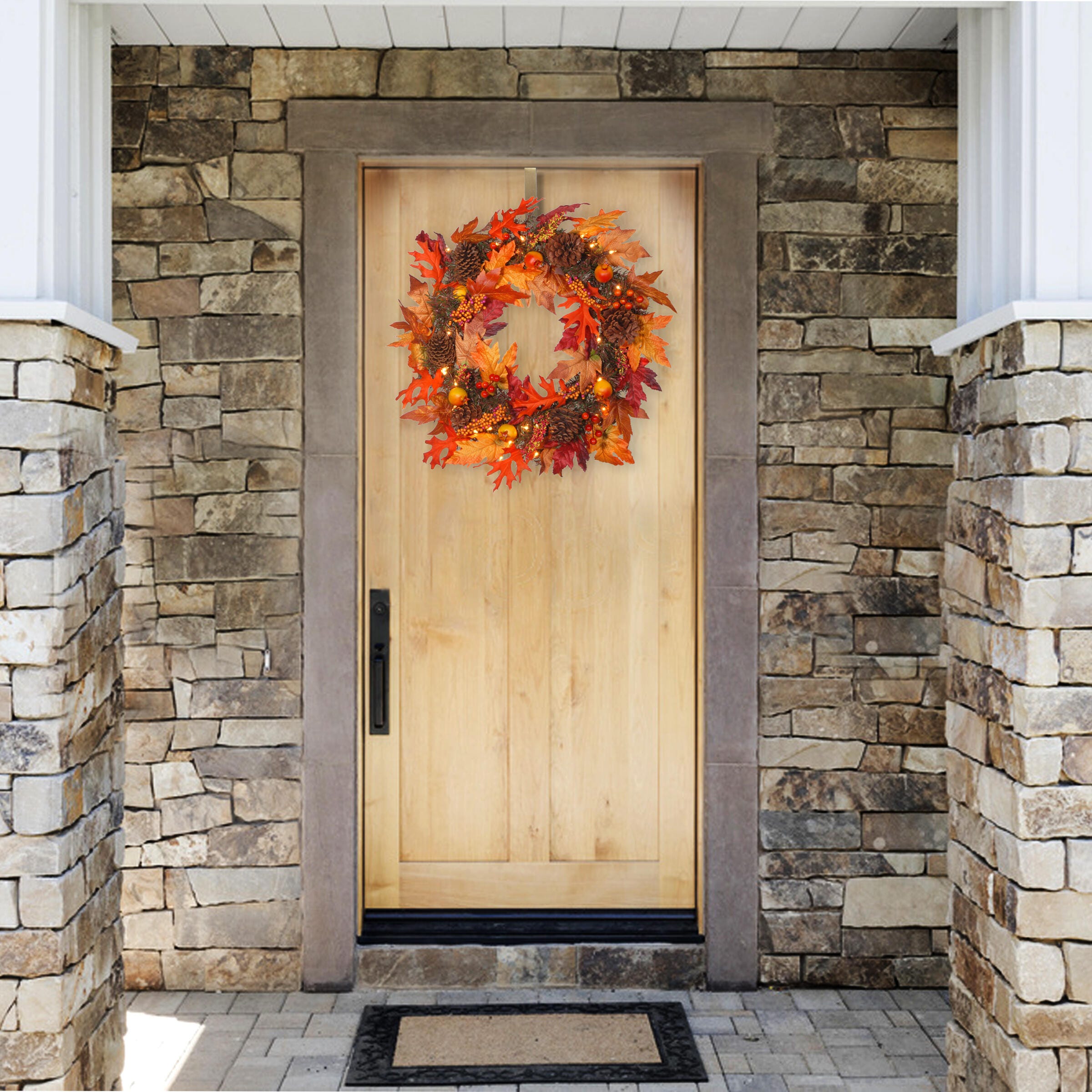 National Tree Company 24" Harvest Maple Wreath with Berries, Cones, Guave and 35 Clear Lights, , rollover