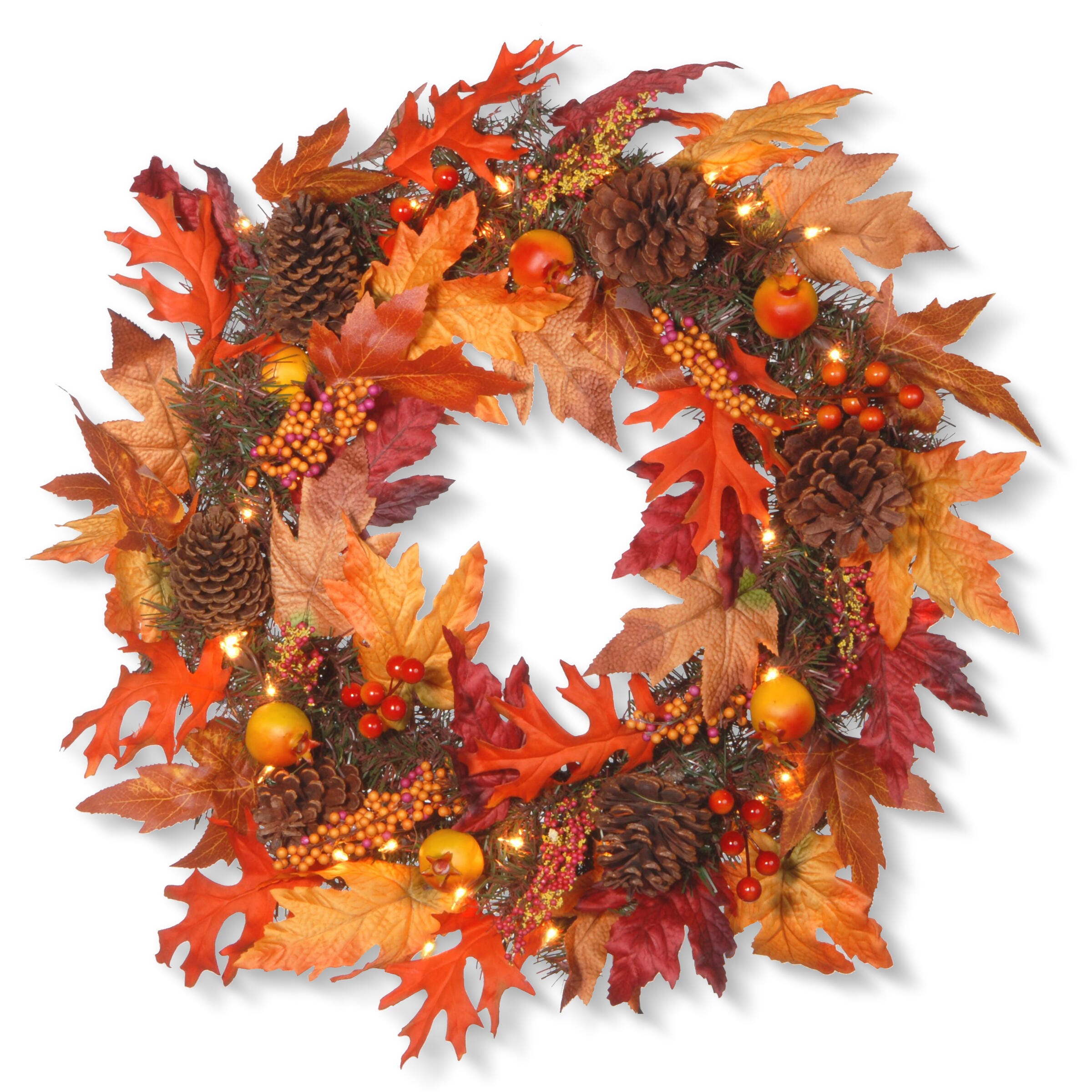 National Tree Company 24" Harvest Maple Wreath with Berries, Cones, Guave and 35 Clear Lights, , large
