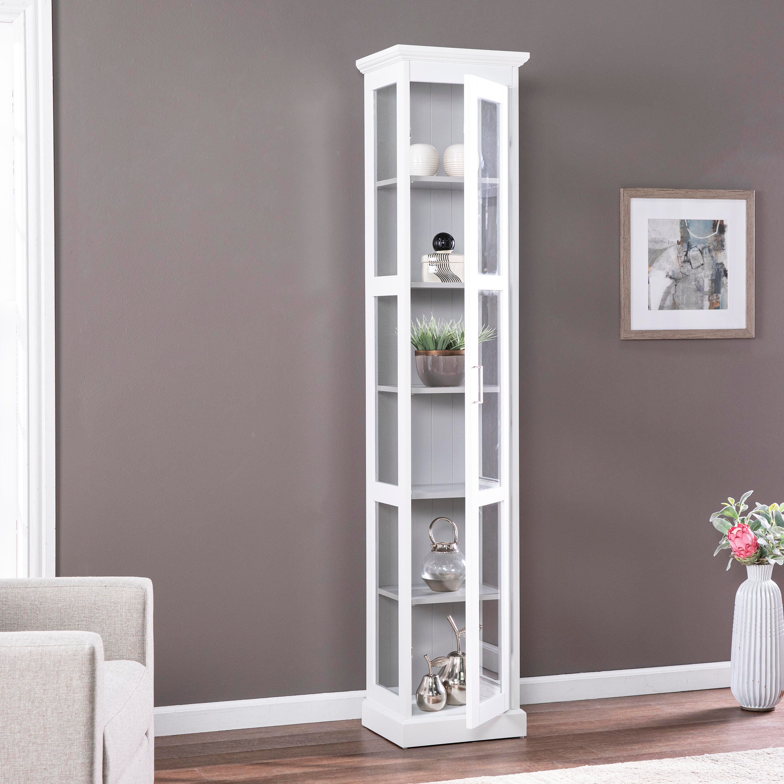 Southern Enterprises Donnie Tall Curio Cabinet, White/Cool Gray, large