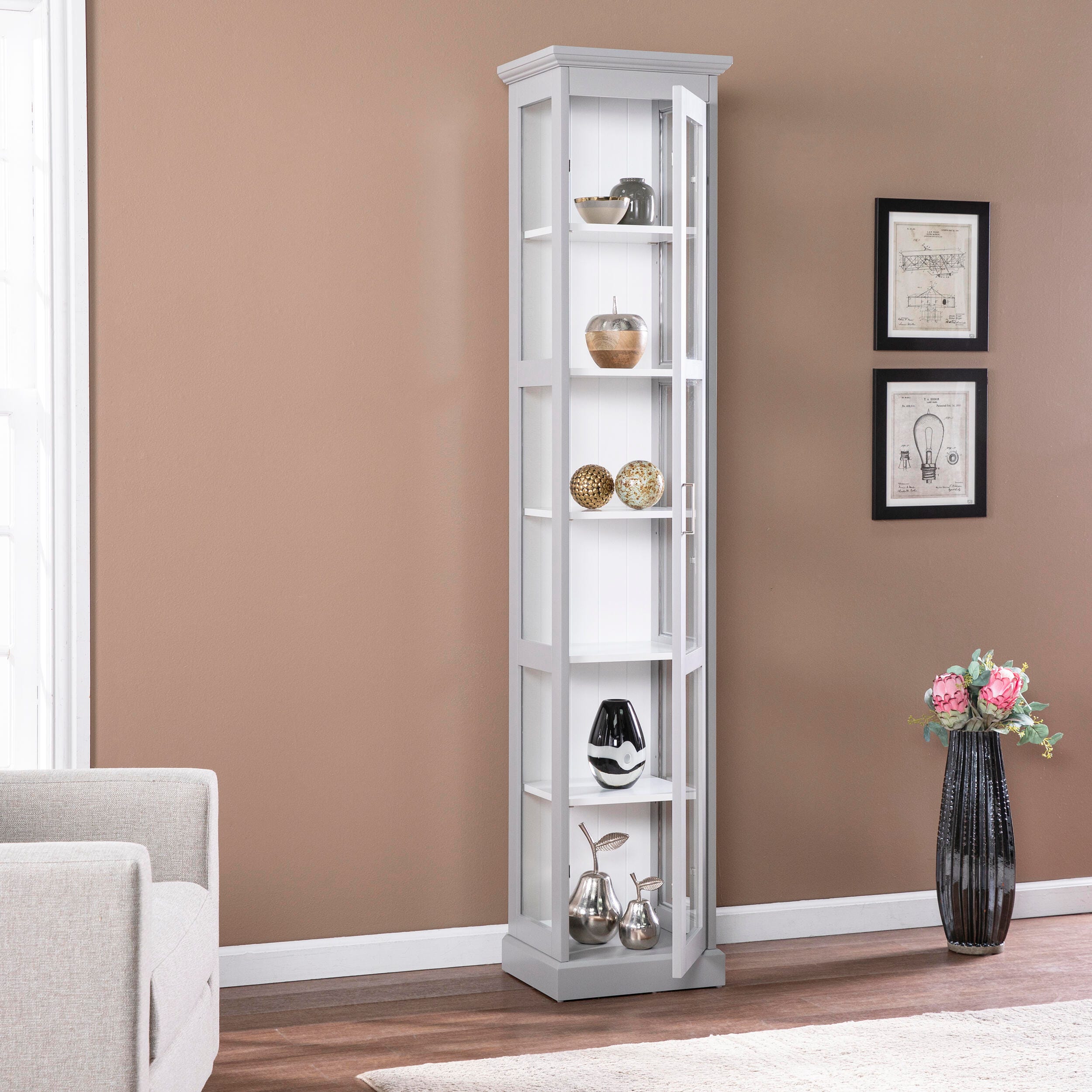 Southern Enterprises Donnie Tall Curio Cabinet, Cool Gray/White, large