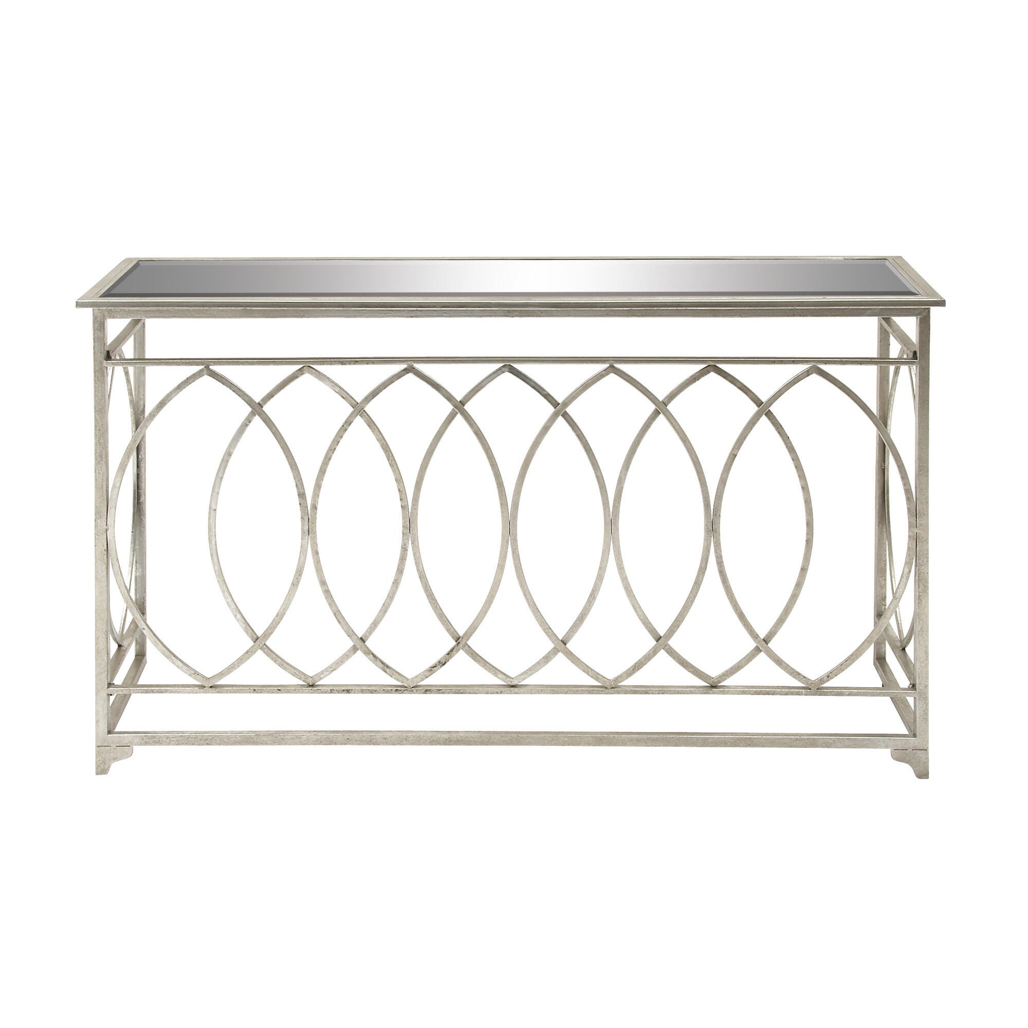 Bayberry Lane Silver Metal Geometric Console Table with Mirrored Glass Top 54" x 16" x 32", , large