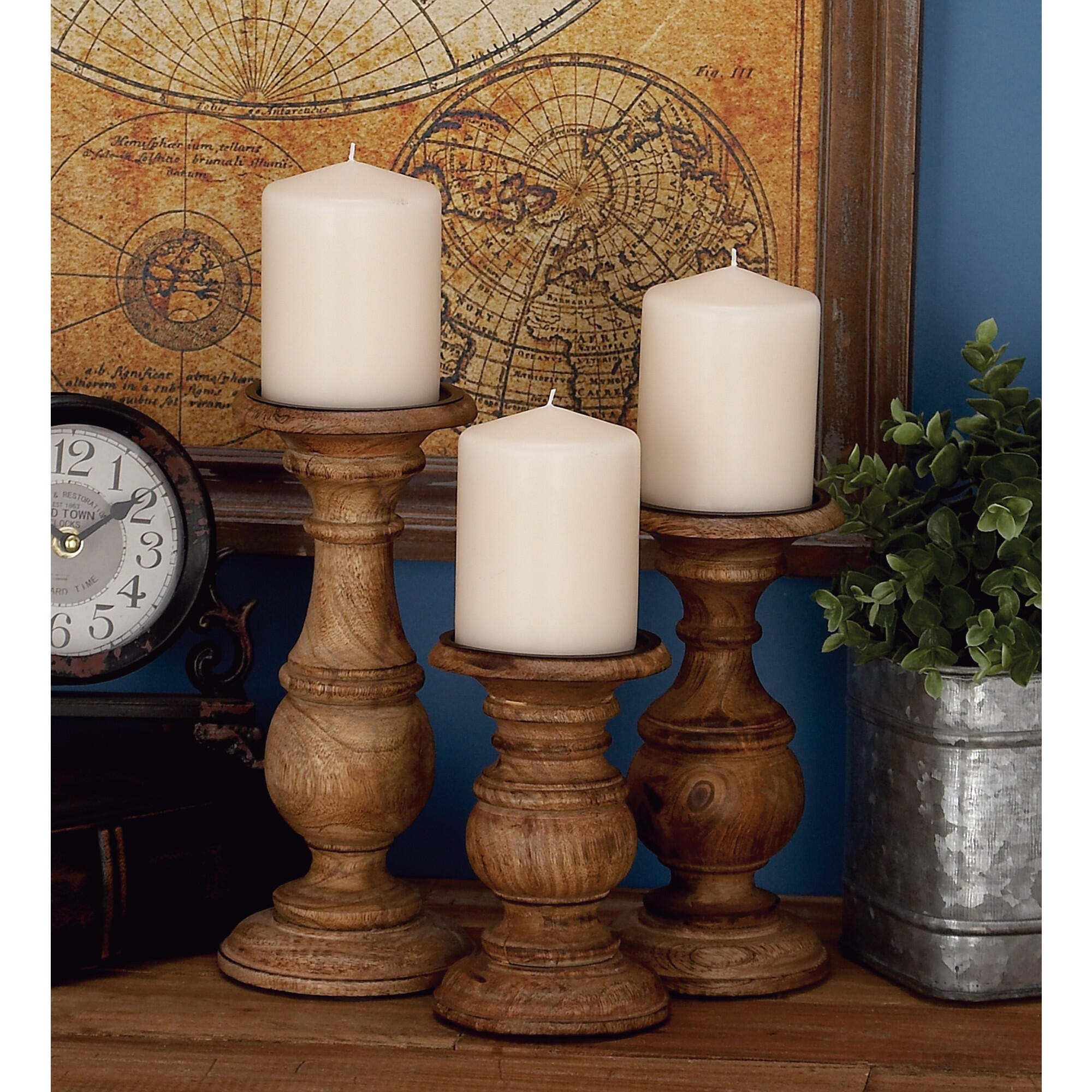 Bayberry Lane Brown Mango Wood Traditional Candle Holder, Set of 3 10", 8", 6"H, Brown, rollover