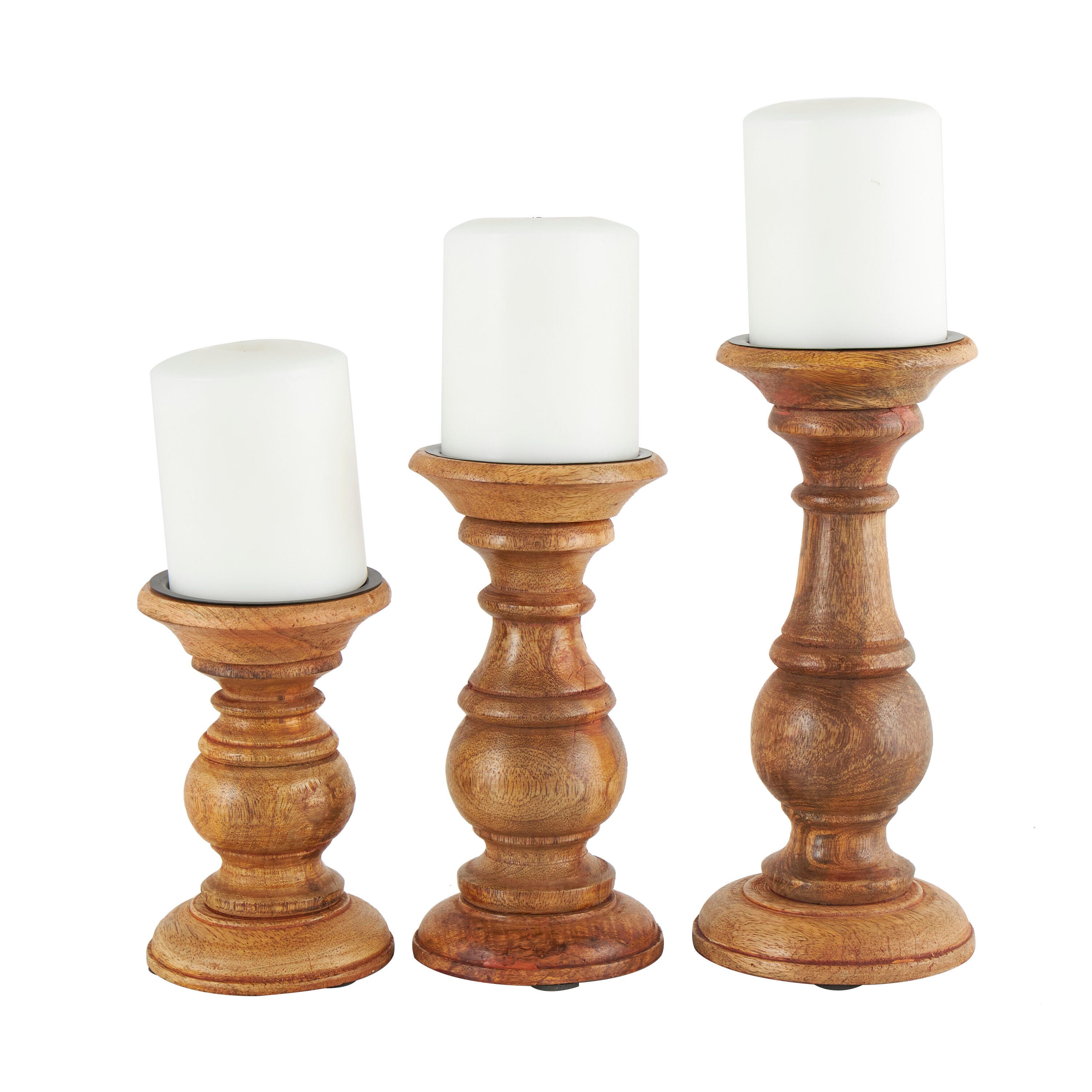 Bayberry Lane Brown Mango Wood Traditional Candle Holder, Set of 3 10", 8", 6"H, Brown, large