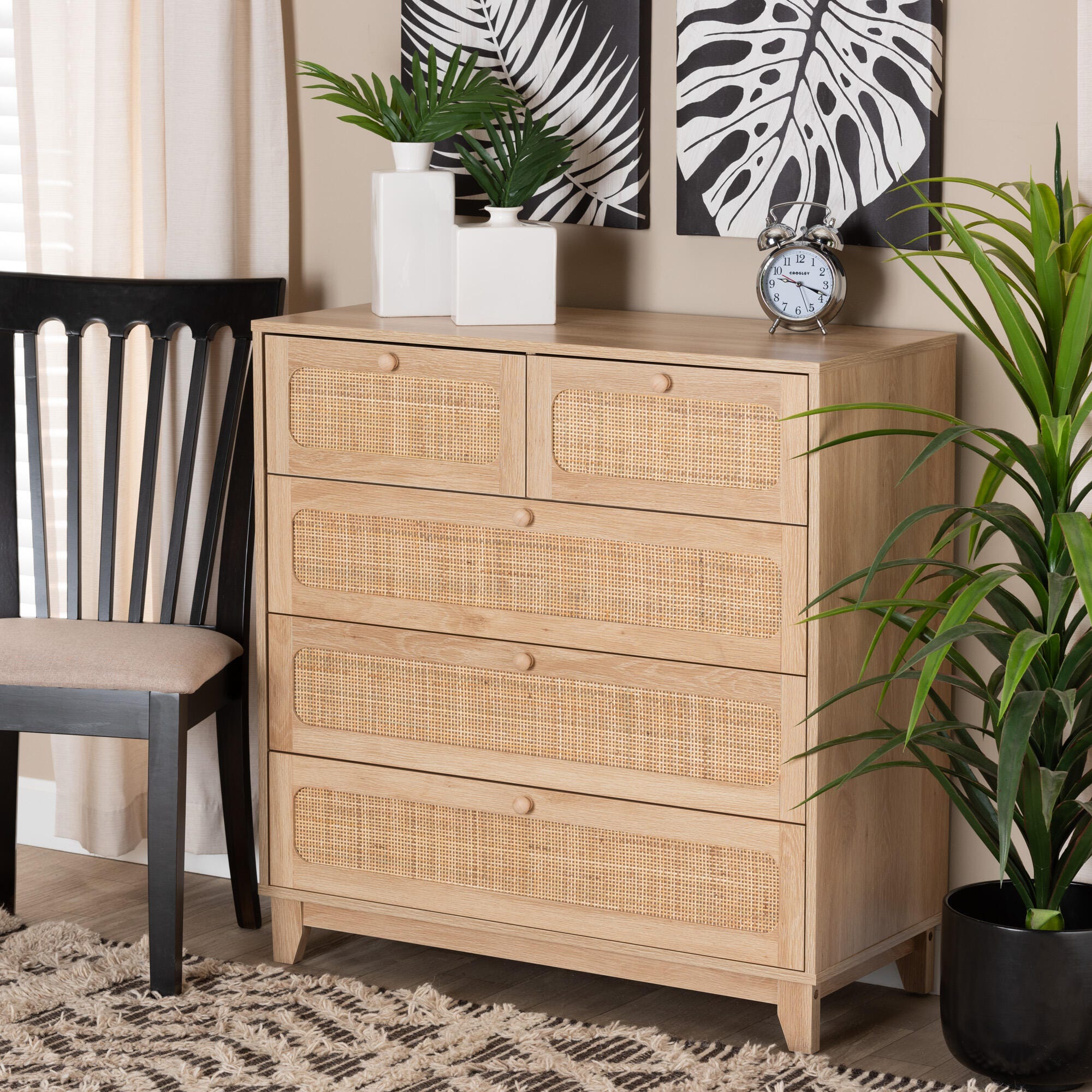 Baxton Studio Elsbeth Natural Rattan 5 Drawer Storage Cabinet, , large