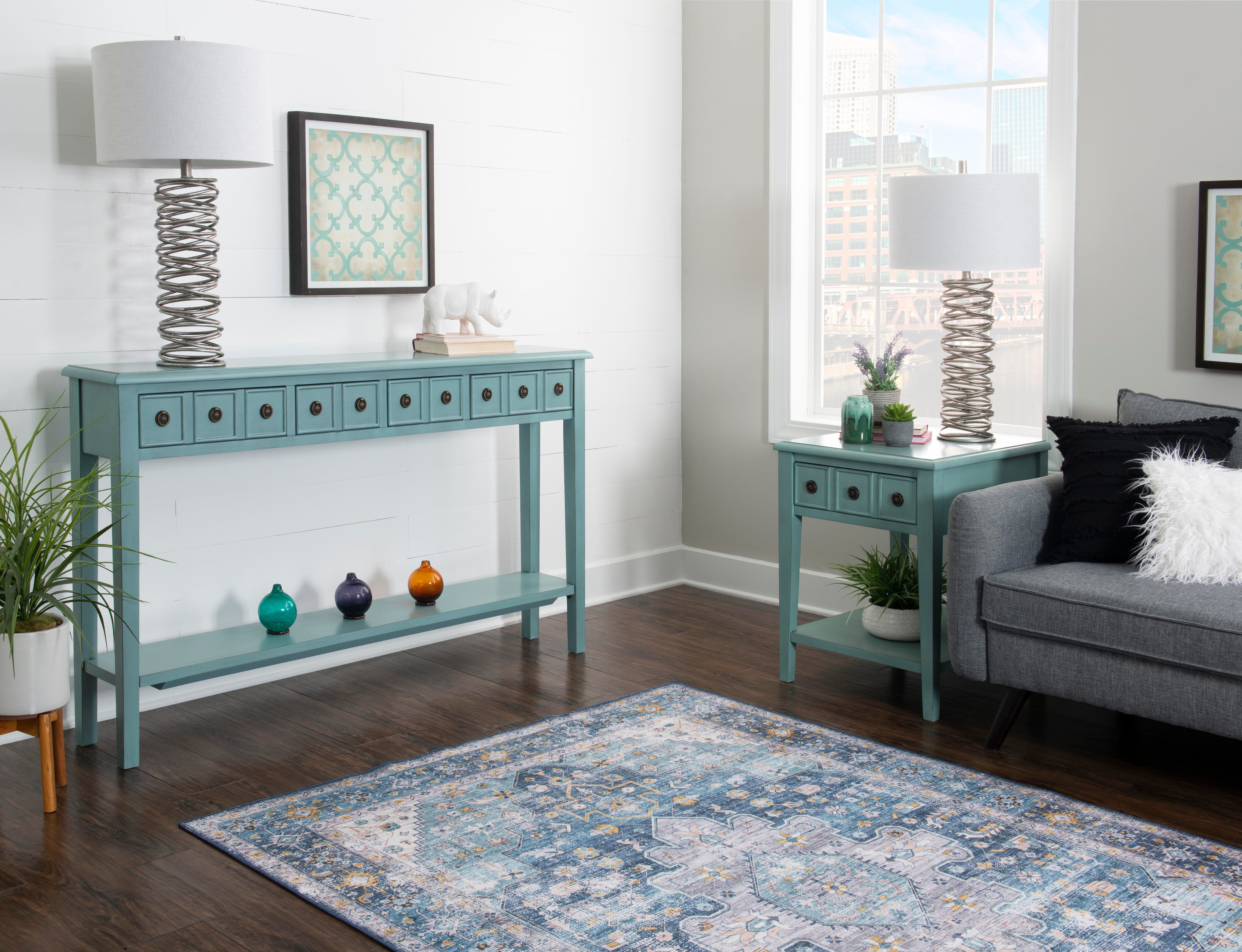 Linon Emily 4 Drawer Console Table, Teal, large