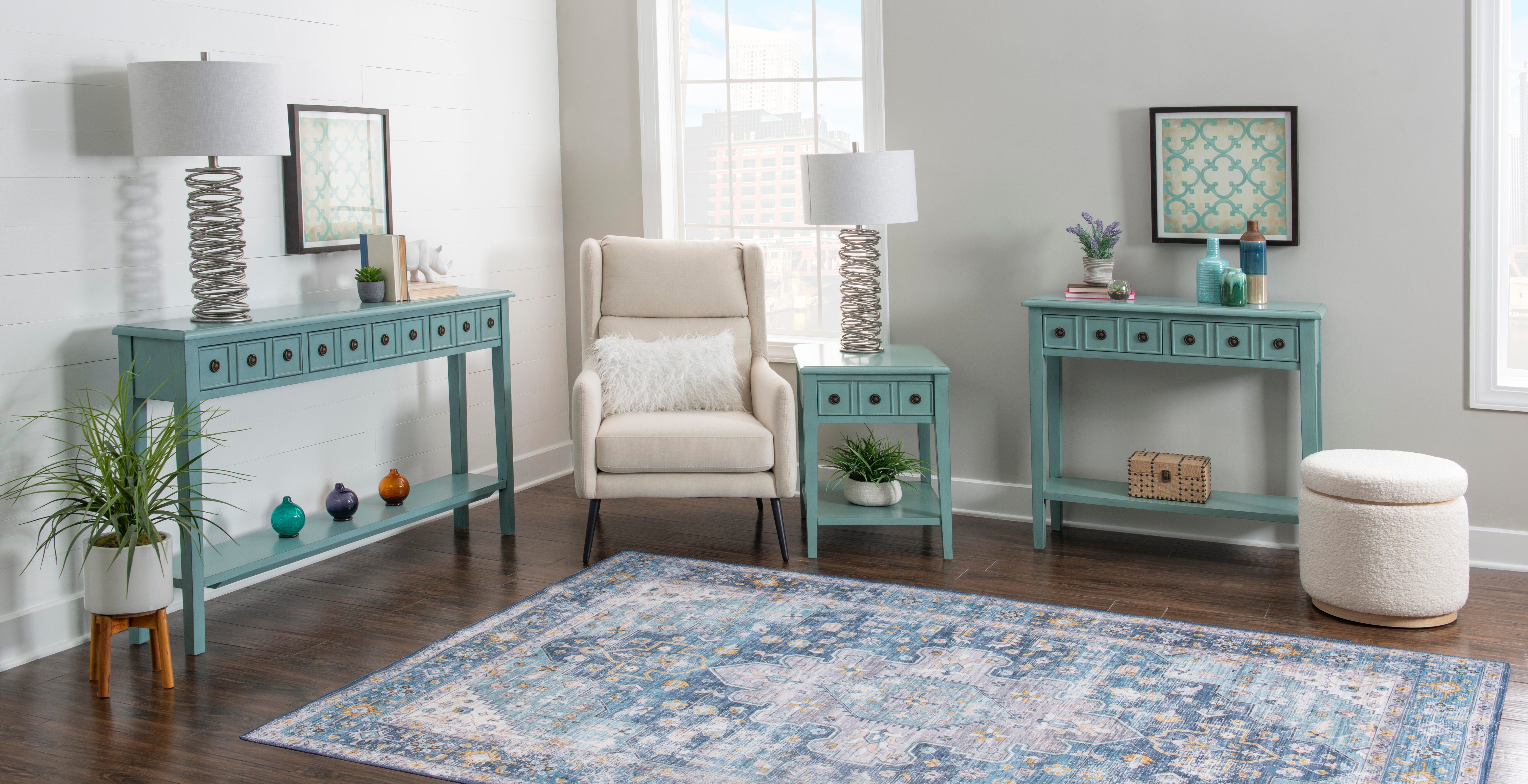 Linon Emily 4 Drawer Console Table, Teal, large