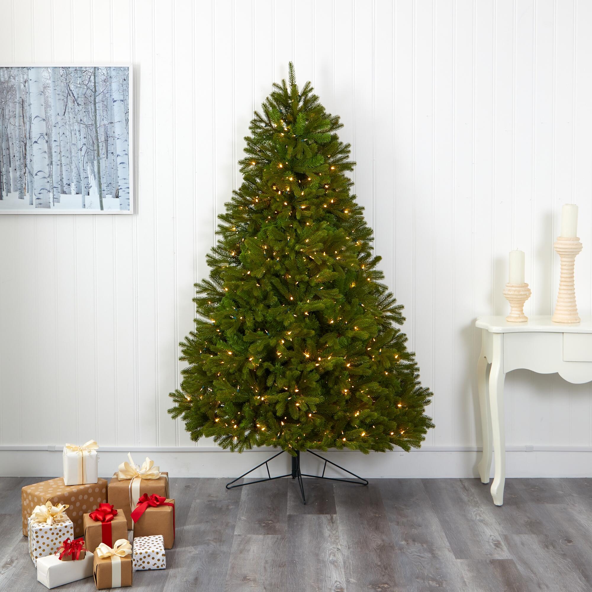 Nearly Natural 7' Cambridge Spruce Flat Back Artificial Christmas Tree with 500 Warm White (Multifunction) LED Lights and 960 Bendable Branches, , rollover