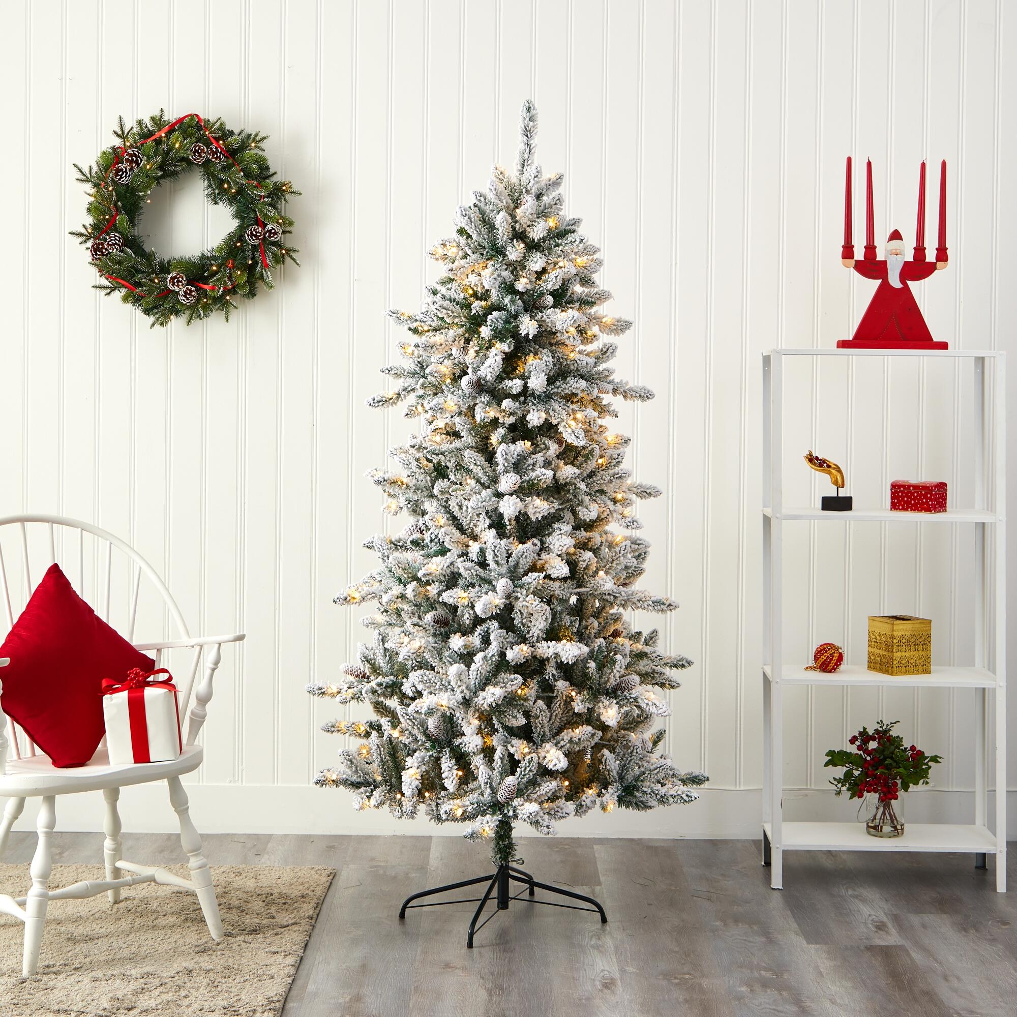 Nearly Natural 6' Flocked Livingston Fir Artificial Christmas Tree with Pine Cones and 300 Clear Warm LED Lights, , rollover