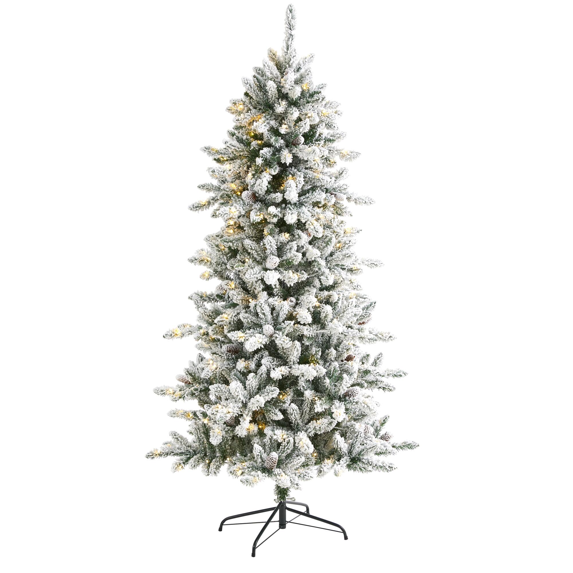 Nearly Natural 6.5' Flocked Livingston Fir Artificial Christmas Tree with Pine Cones and 300 Clear Warm LED Lights, , large
