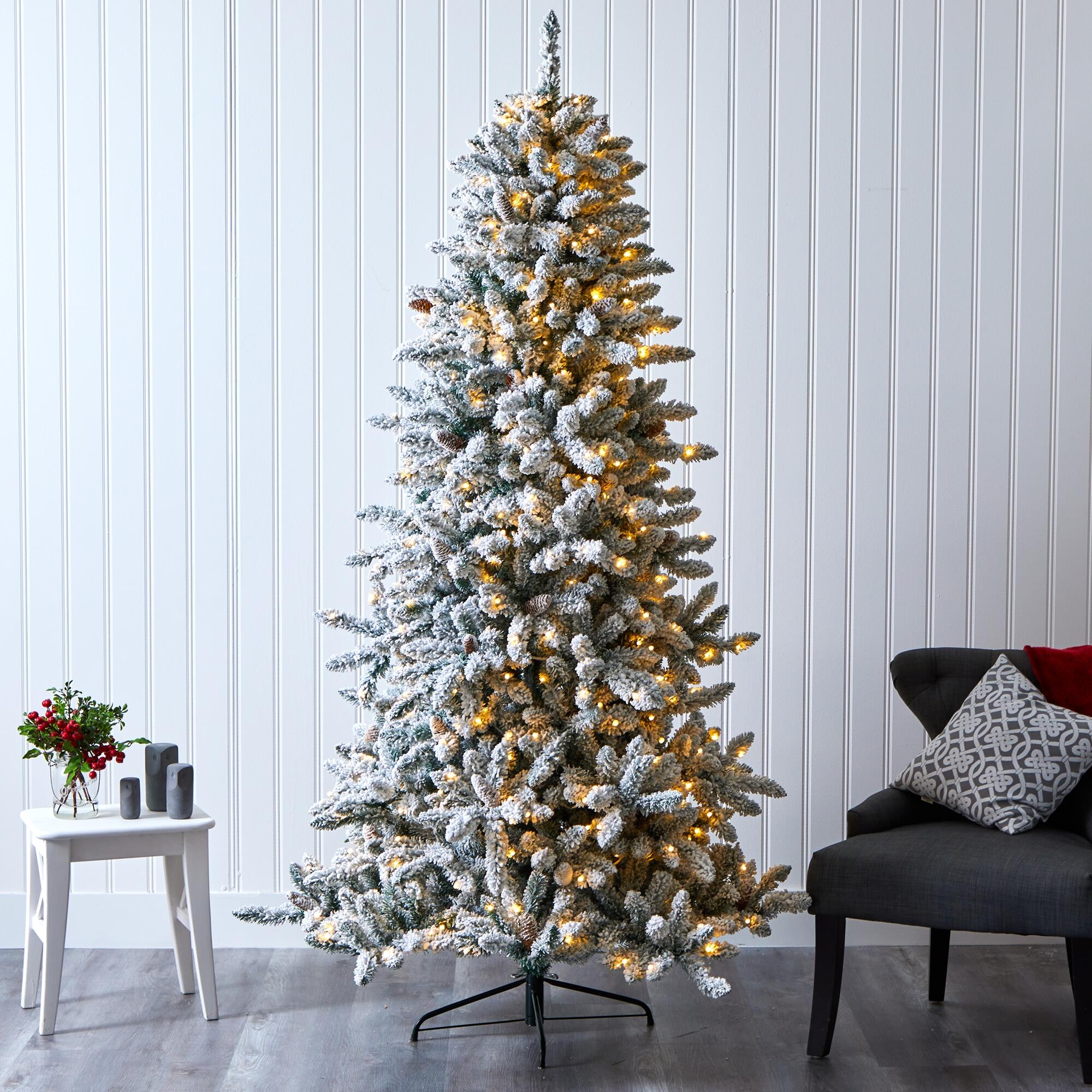 Nearly Natural 7.5' Flocked Livingston Fir Artificial Christmas Tree with Pine Cones and 500 Clear Warm LED Lights, , rollover