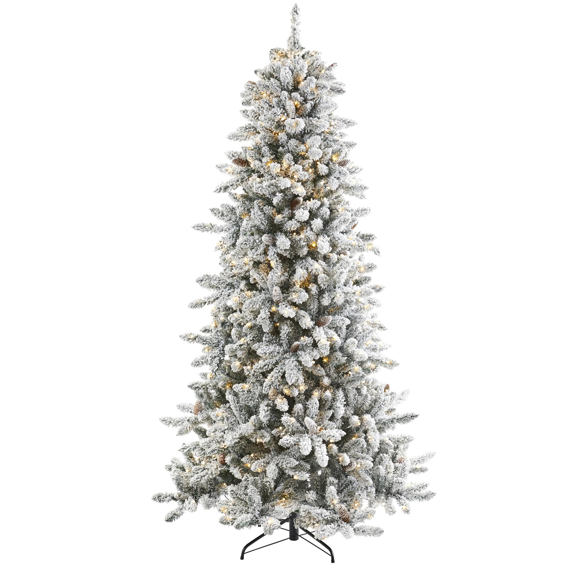 Nearly Natural 7.5' Flocked Livingston Fir Artificial Christmas Tree with Pine Cones and 500 Clear Warm LED Lights, , large